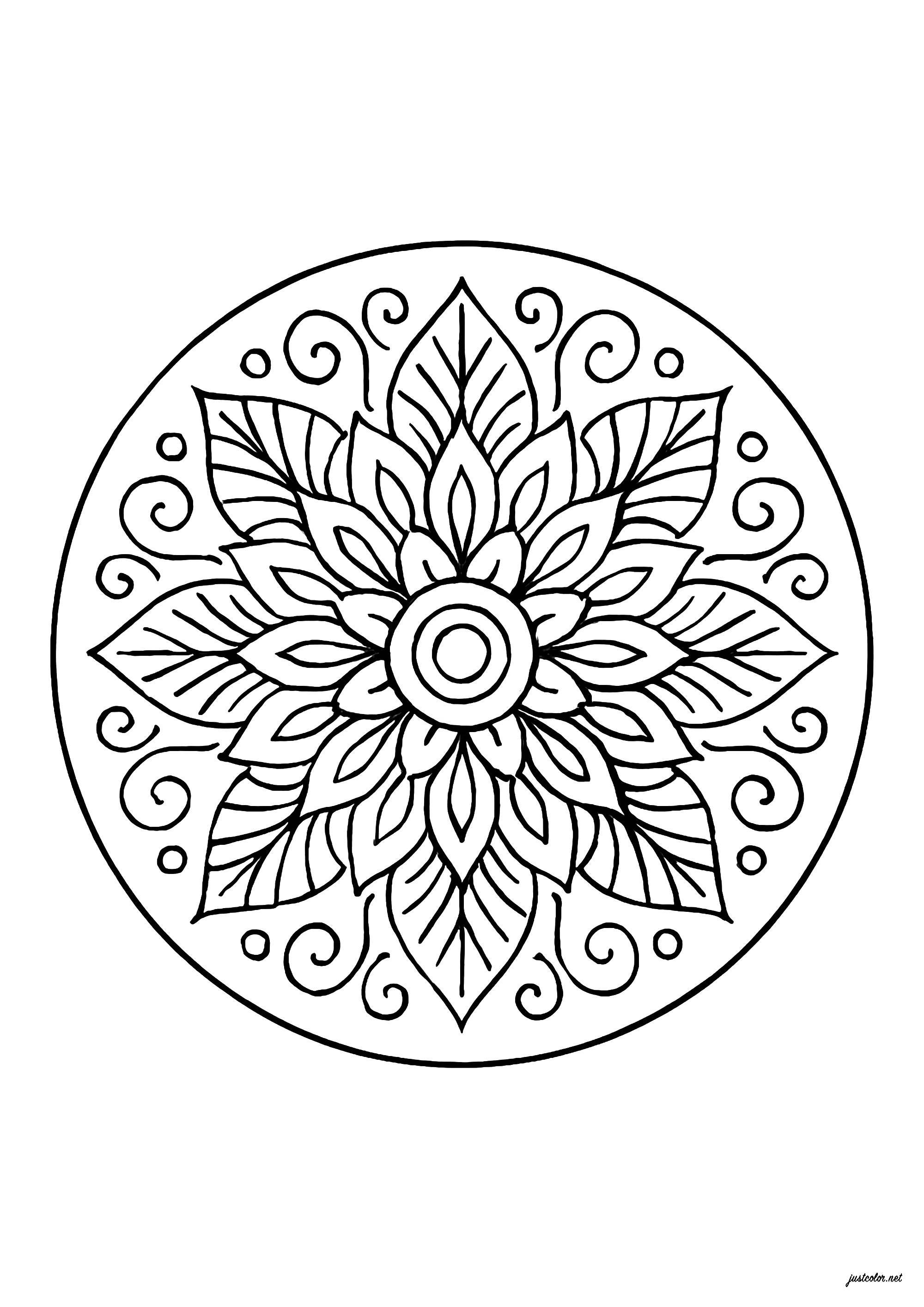 Círculo con bonitas flores y hojas (Página de Mandalas para imprimir para niños)