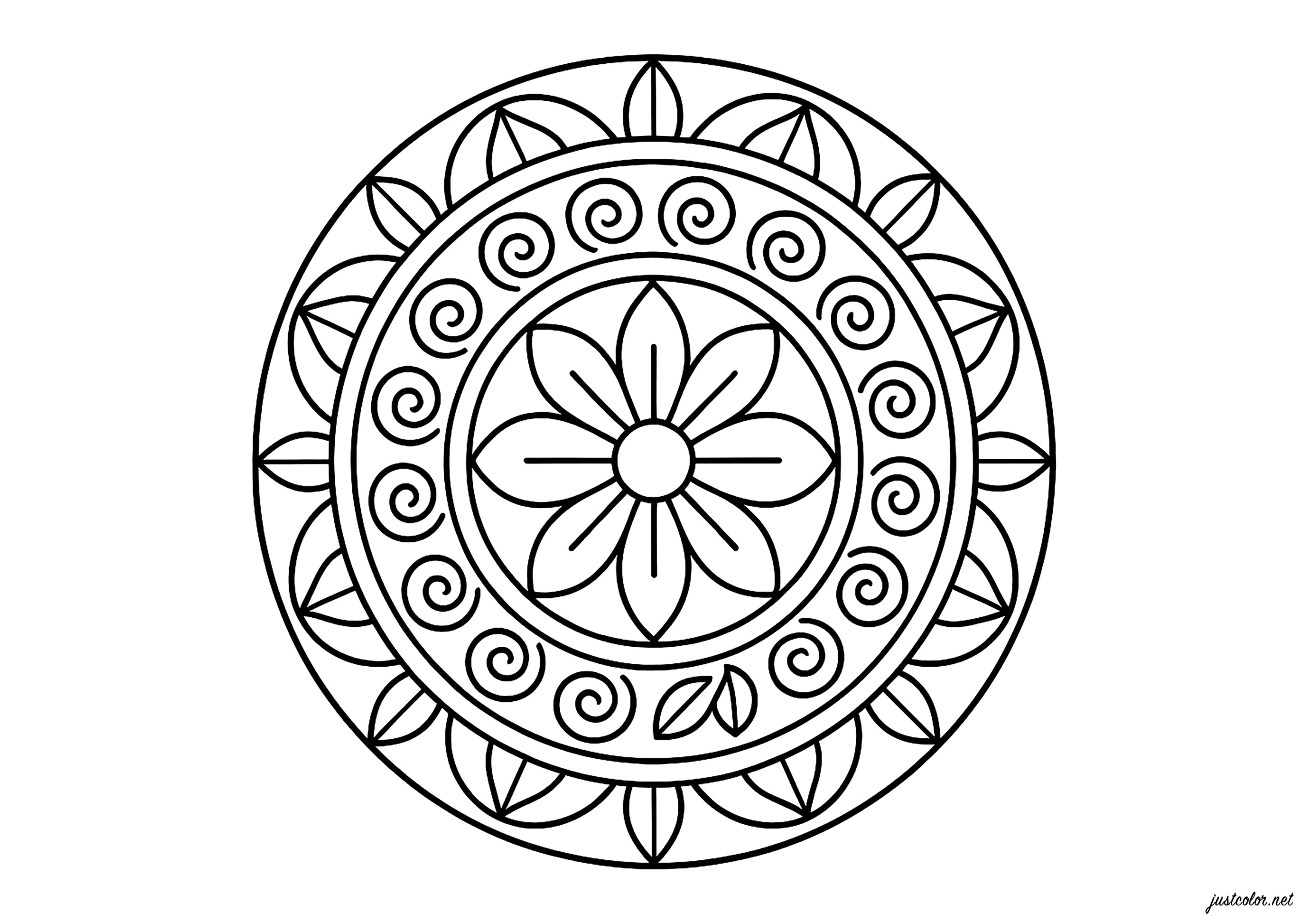 Simetría floral y espirales (Página de Mandalas para imprimir para niños)
