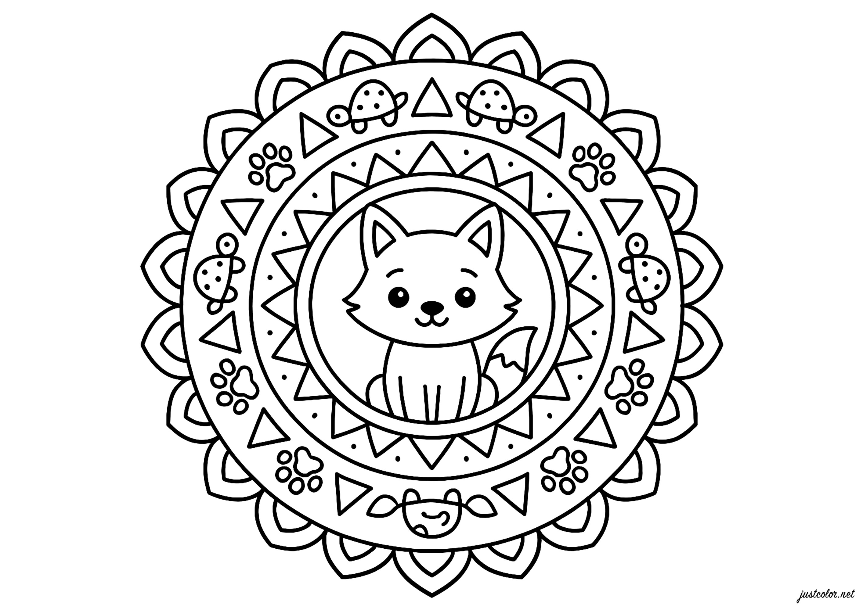 Mandala con pequeño zorro (Página para imprimir para niños)