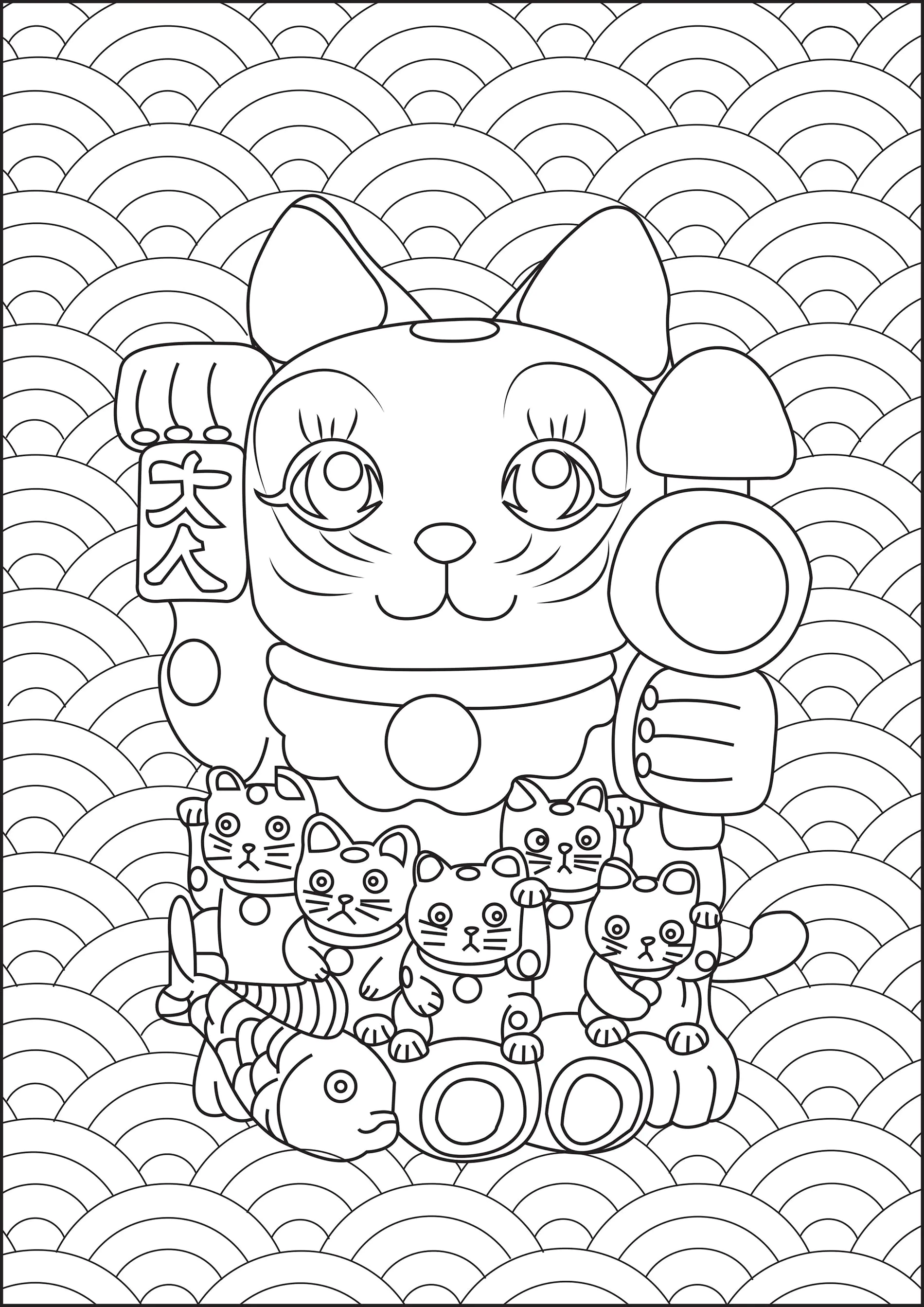 Maneki Neko y sus pequeños (Página para imprimir para niños)