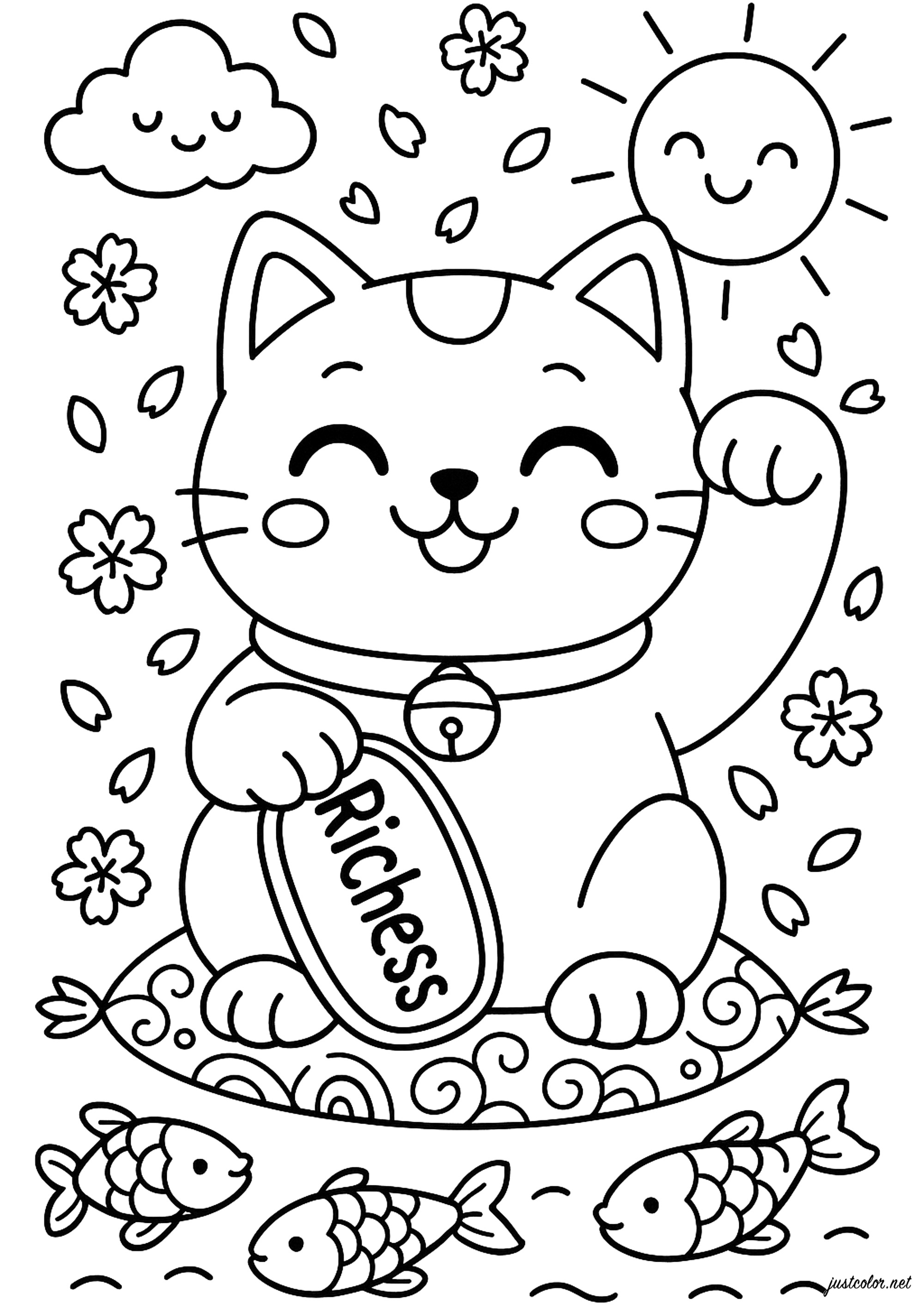 Chat feliz con peces divertidos (Página de Maneki Neko para imprimir para niños)