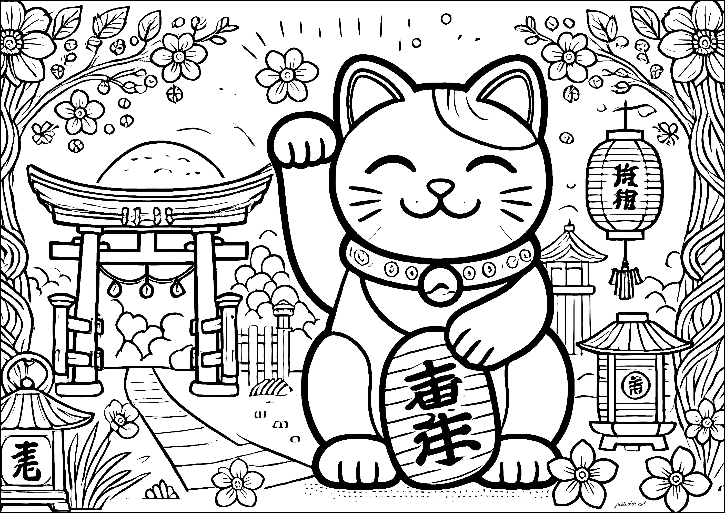 Maneki Neko en un templo japonés (Página para imprimir para niños)