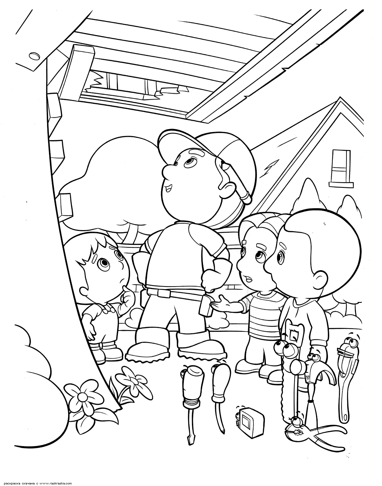 Colorear La Escuela de Herramientas de Manny a la Obra para descargar gratis (Página para imprimir para niños)