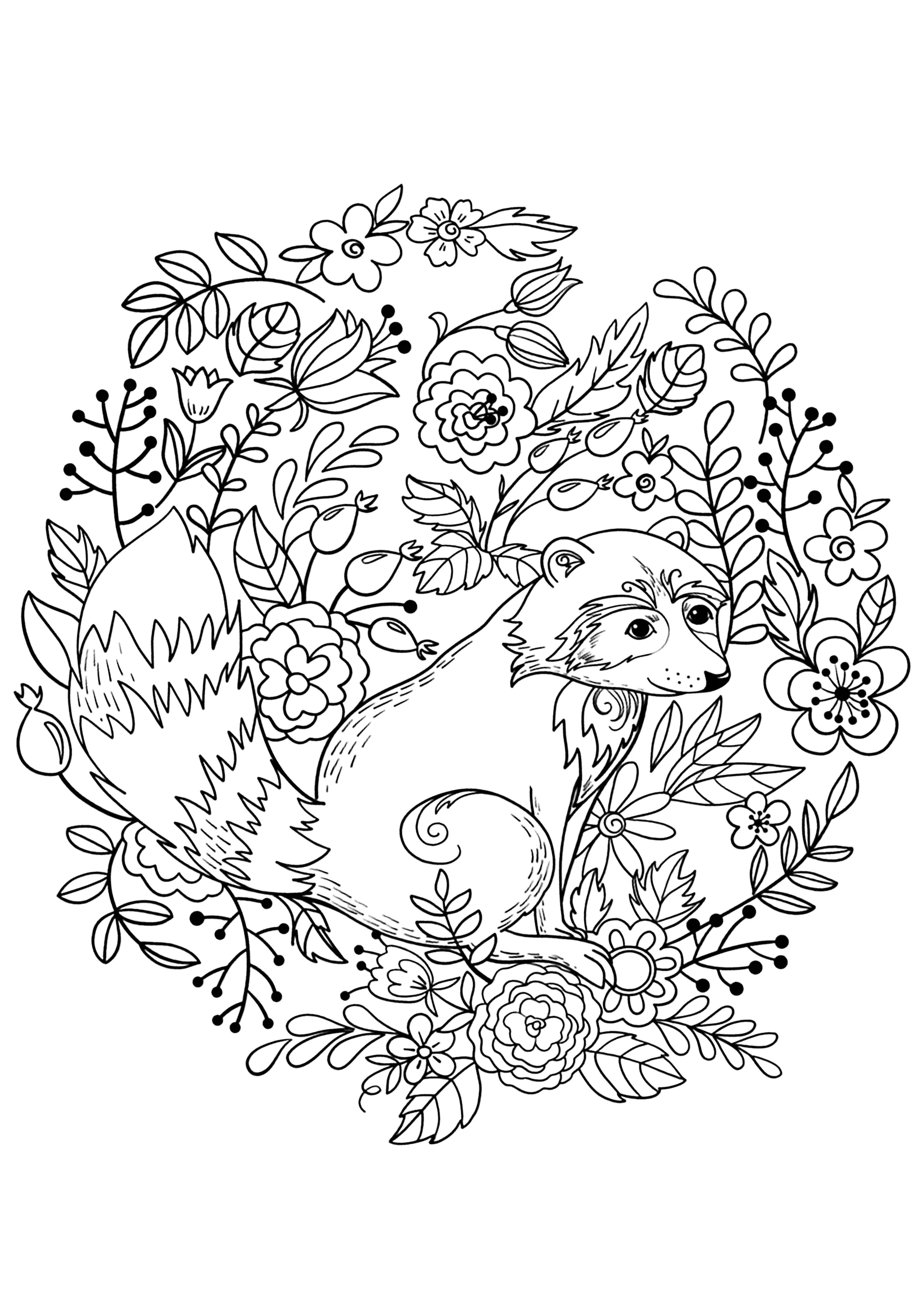 Mapache en un magnífico diseño circular (Página para imprimir para niños)