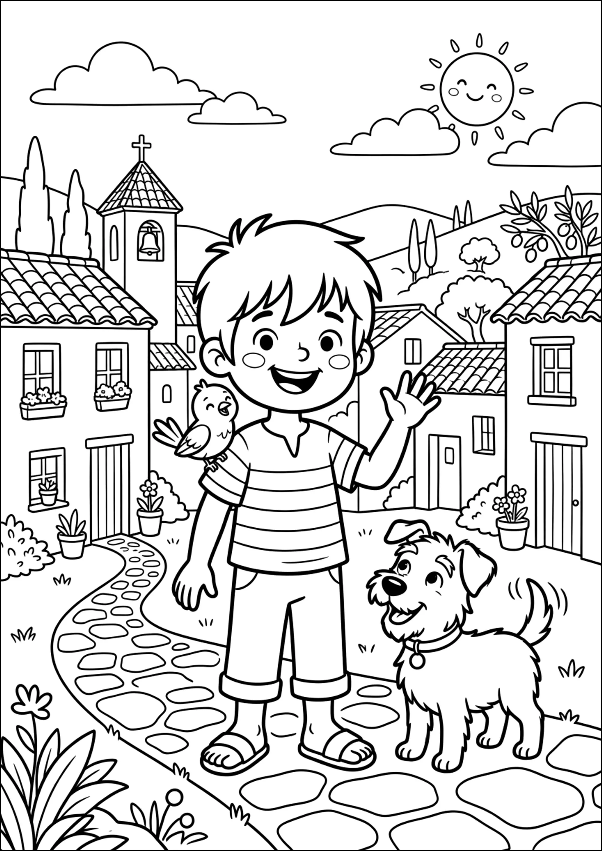 Hermoso día en el pueblo soleado (Página de Marcelino para imprimir para niños)