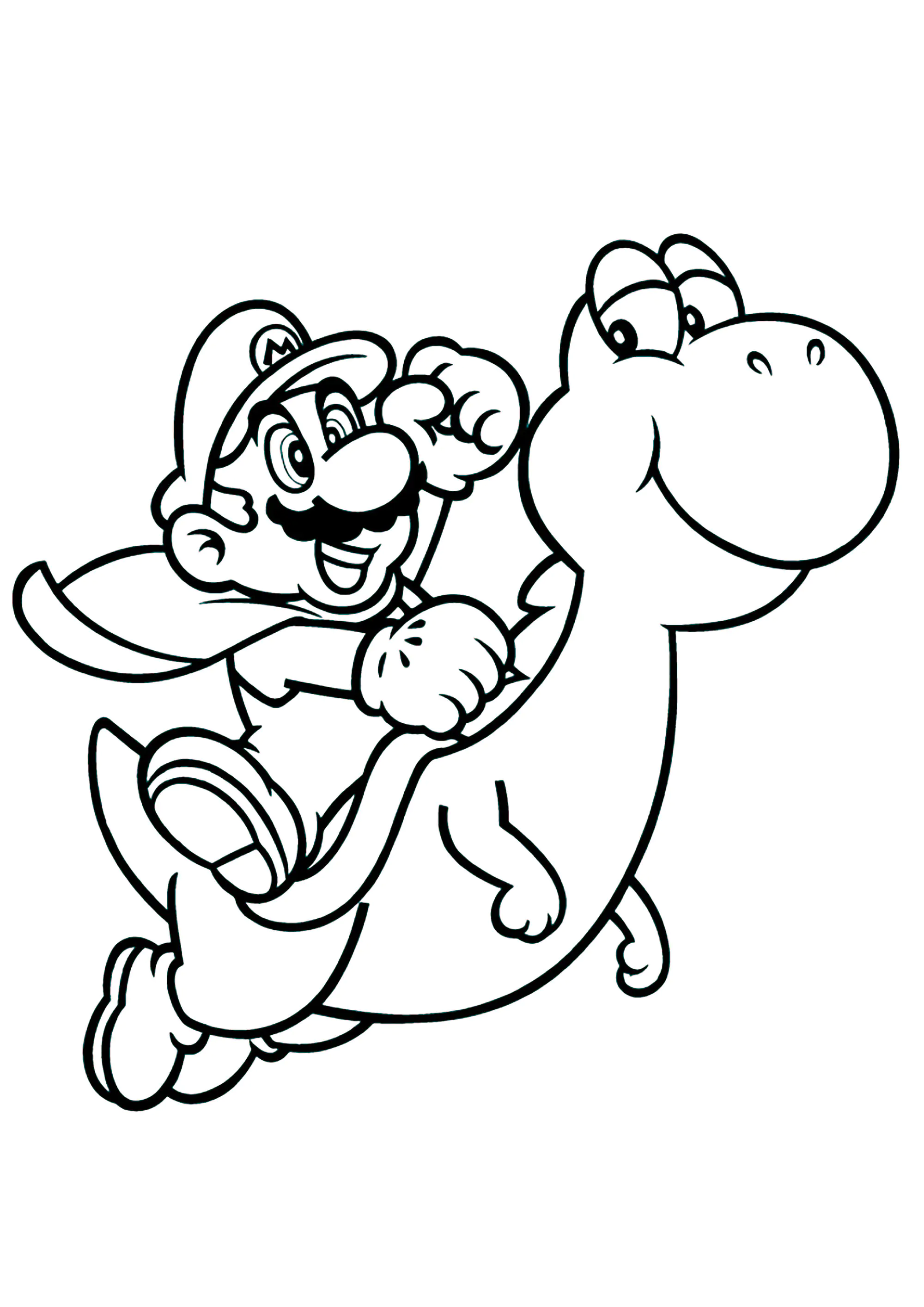 Mario sobre su amigo dinosaurio Yoshi (Página de Super Mario Bros. para imprimir para niños)