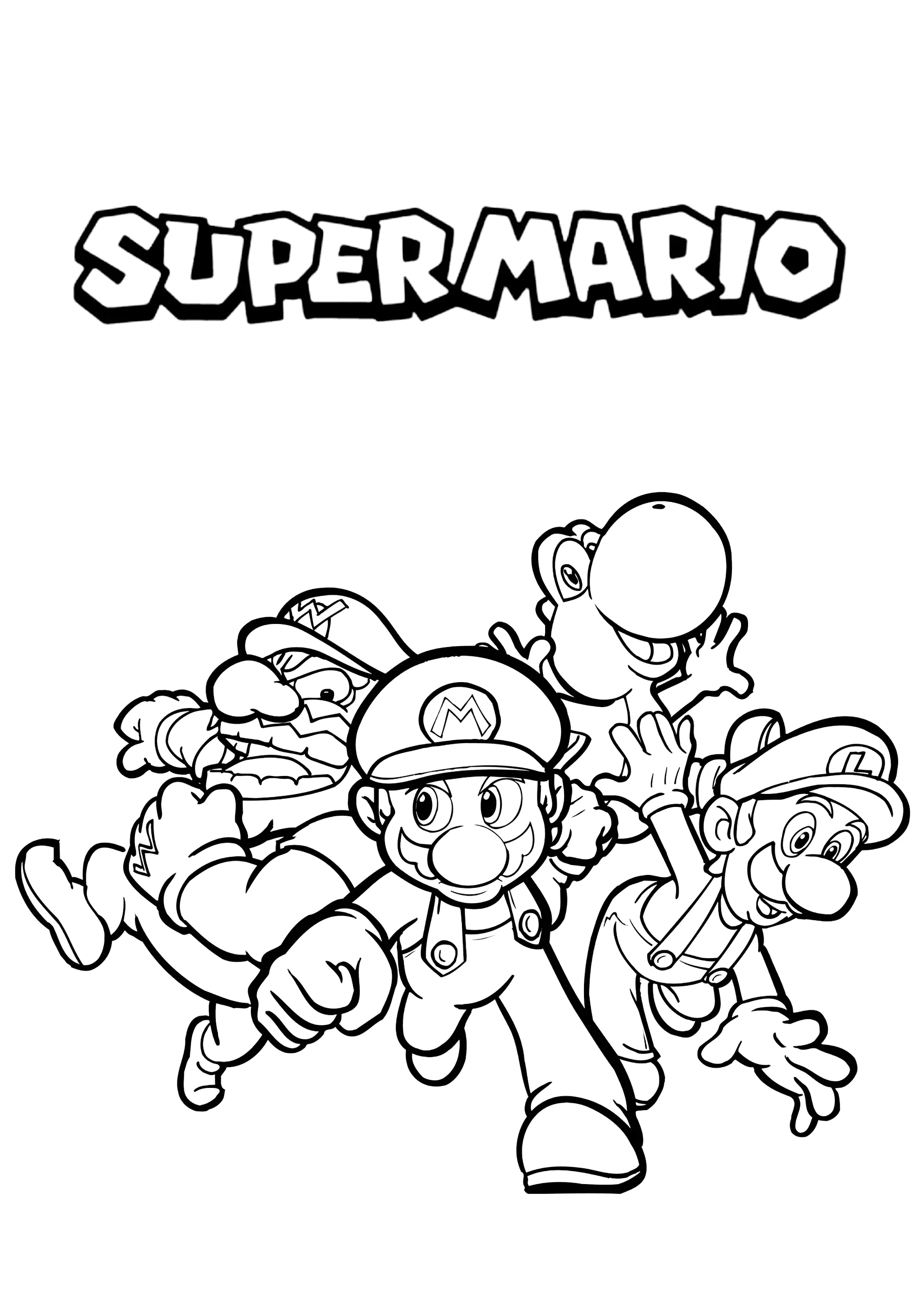 Mario con Luigi, Wario y Yoshi (Página de Super Mario Bros. para imprimir para niños)