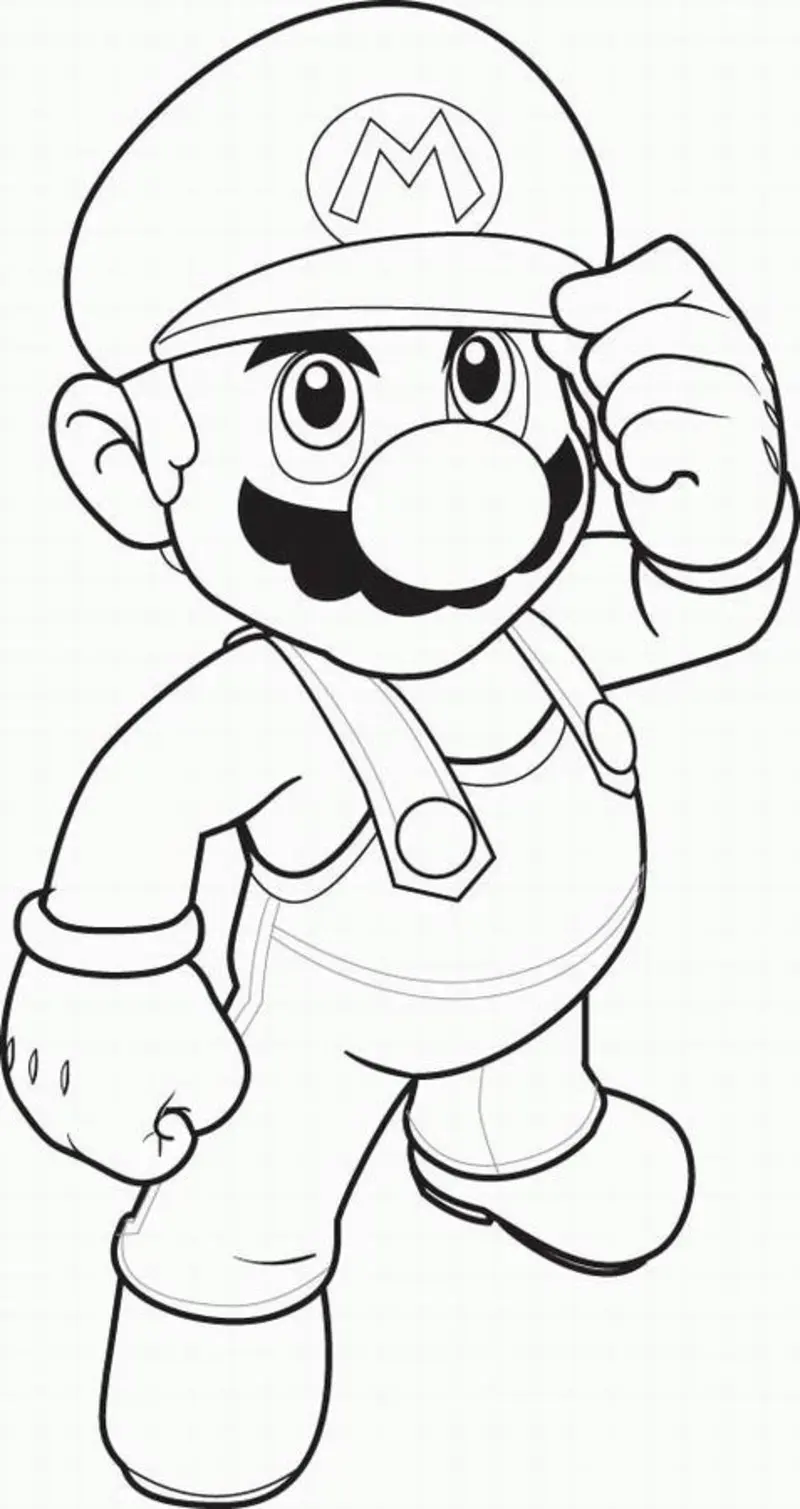 El famoso fontanero listo para la acción (Página de Super Mario Bros. para imprimir para niños)