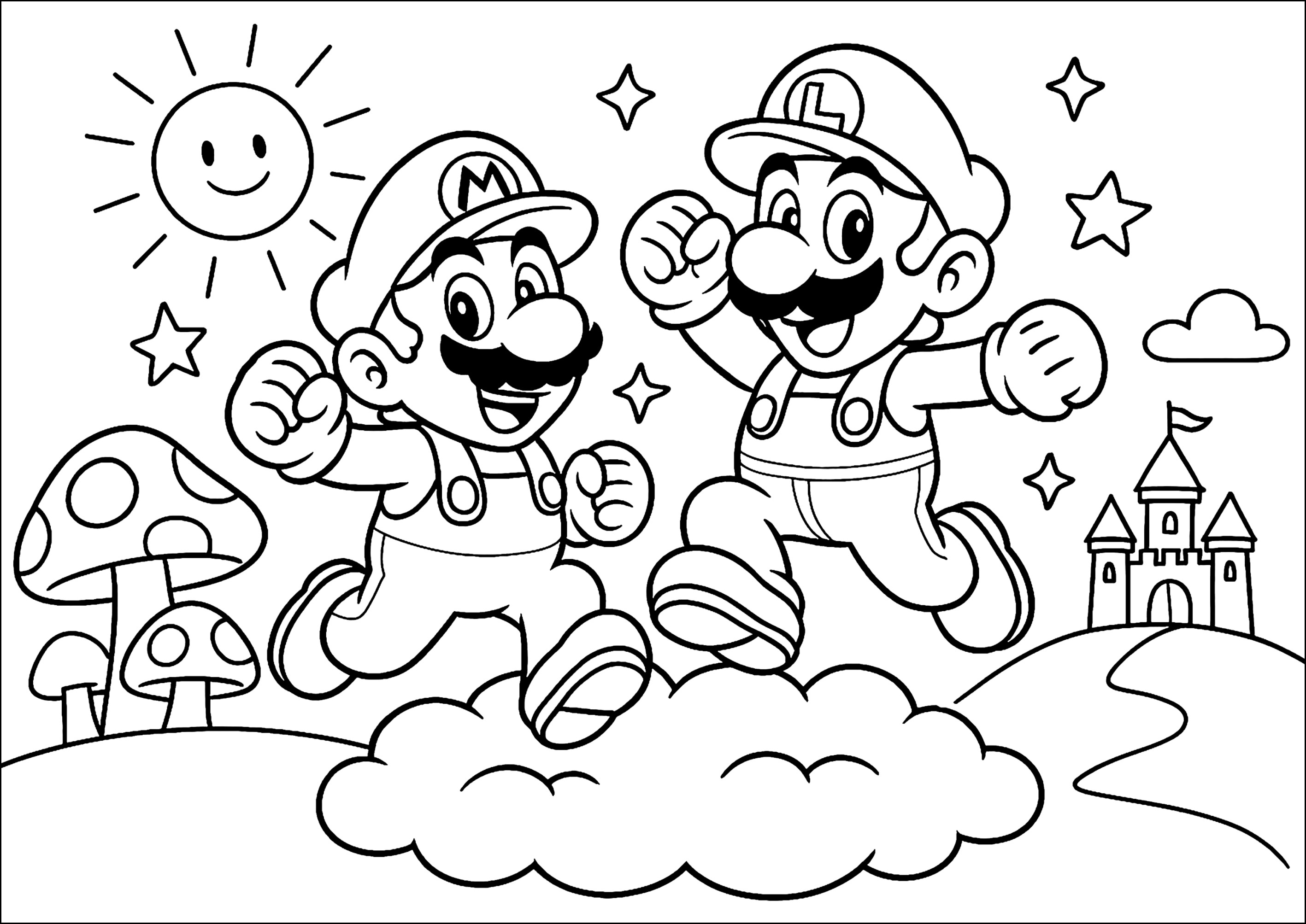 Mario y Luigi sobre una nube (Página de Super Mario Bros. para imprimir para niños)