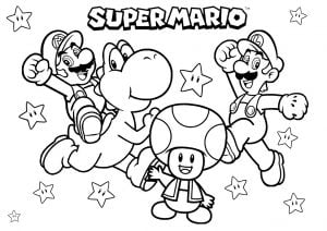 Página de para imprimir para niños : Mario, Luigi, Yoshi y Toad con muchas estrellas
