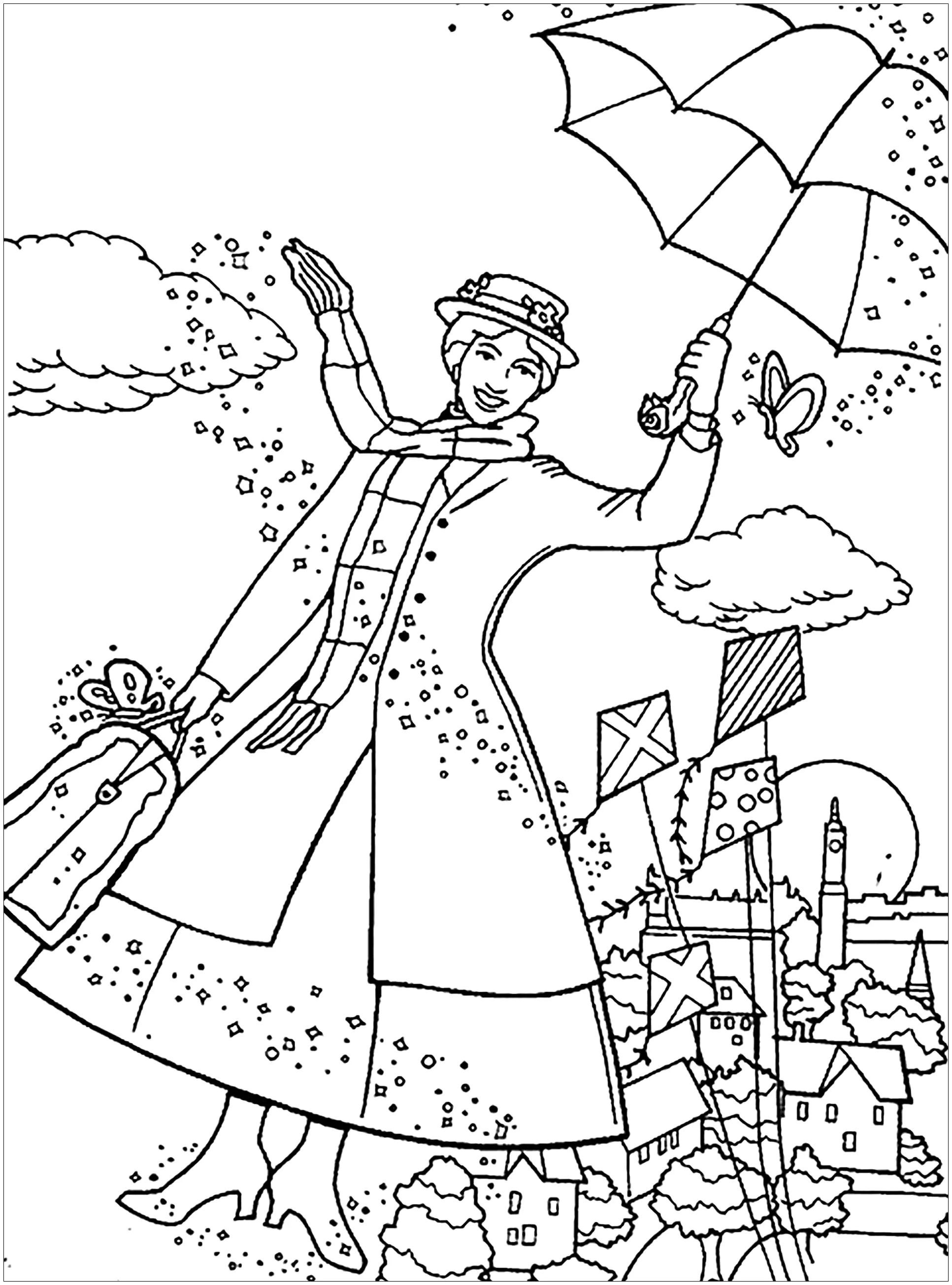 Mary Poppins alza el vuelo (Página para imprimir para niños)