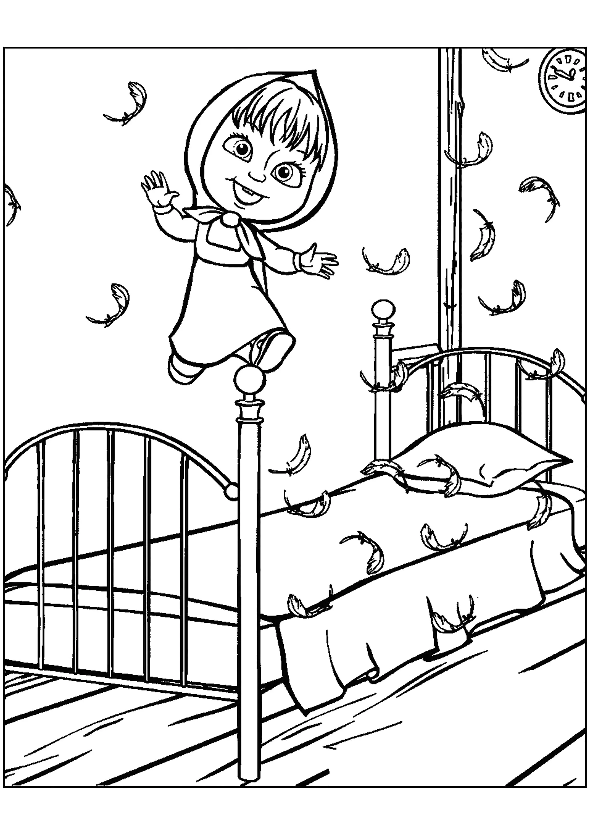 Masha se divierte en la cama (Página de Masha y el oso para imprimir para niños)