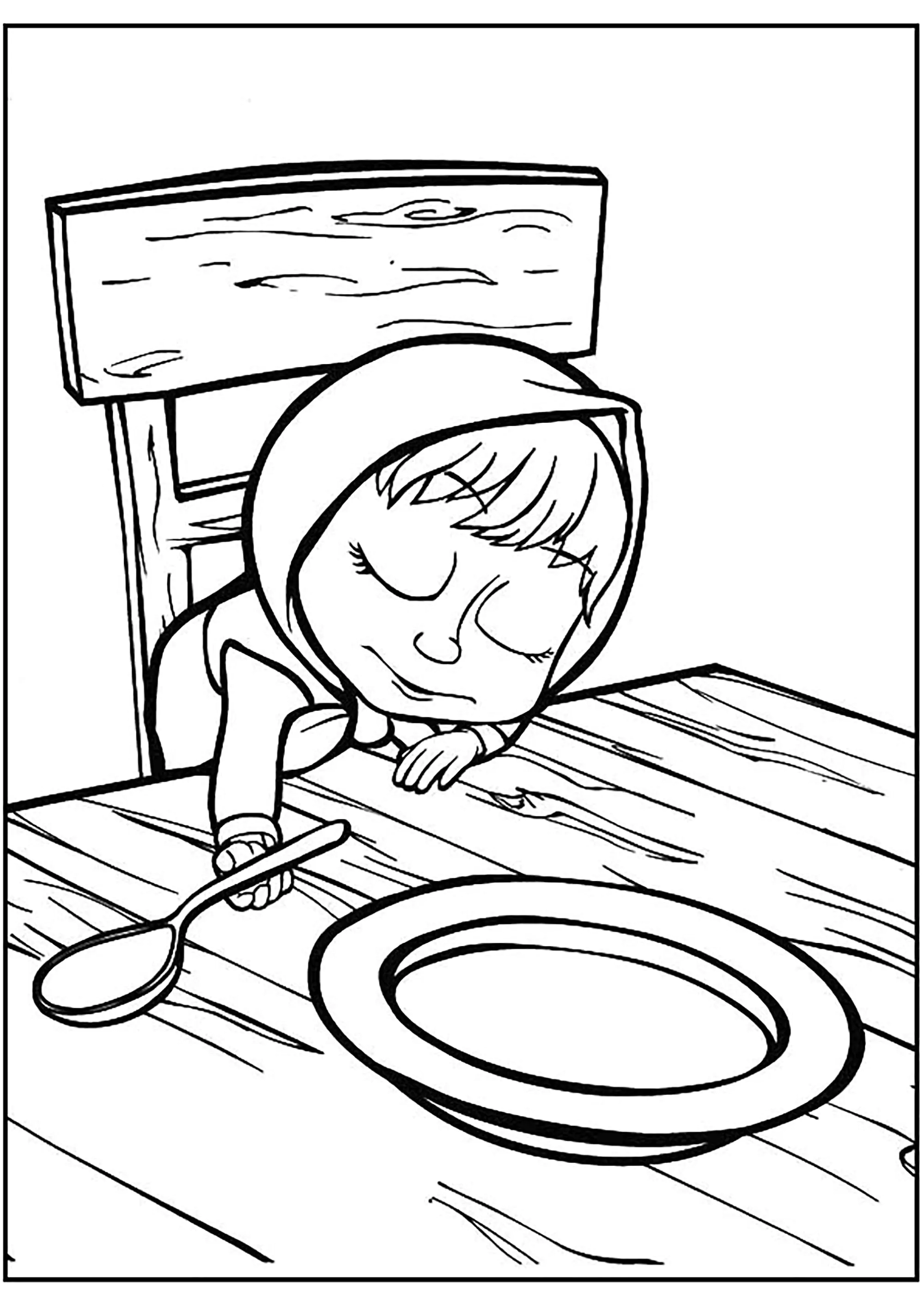 Masha se queda dormida delante de su plato (Página de Masha y el oso para imprimir para niños)