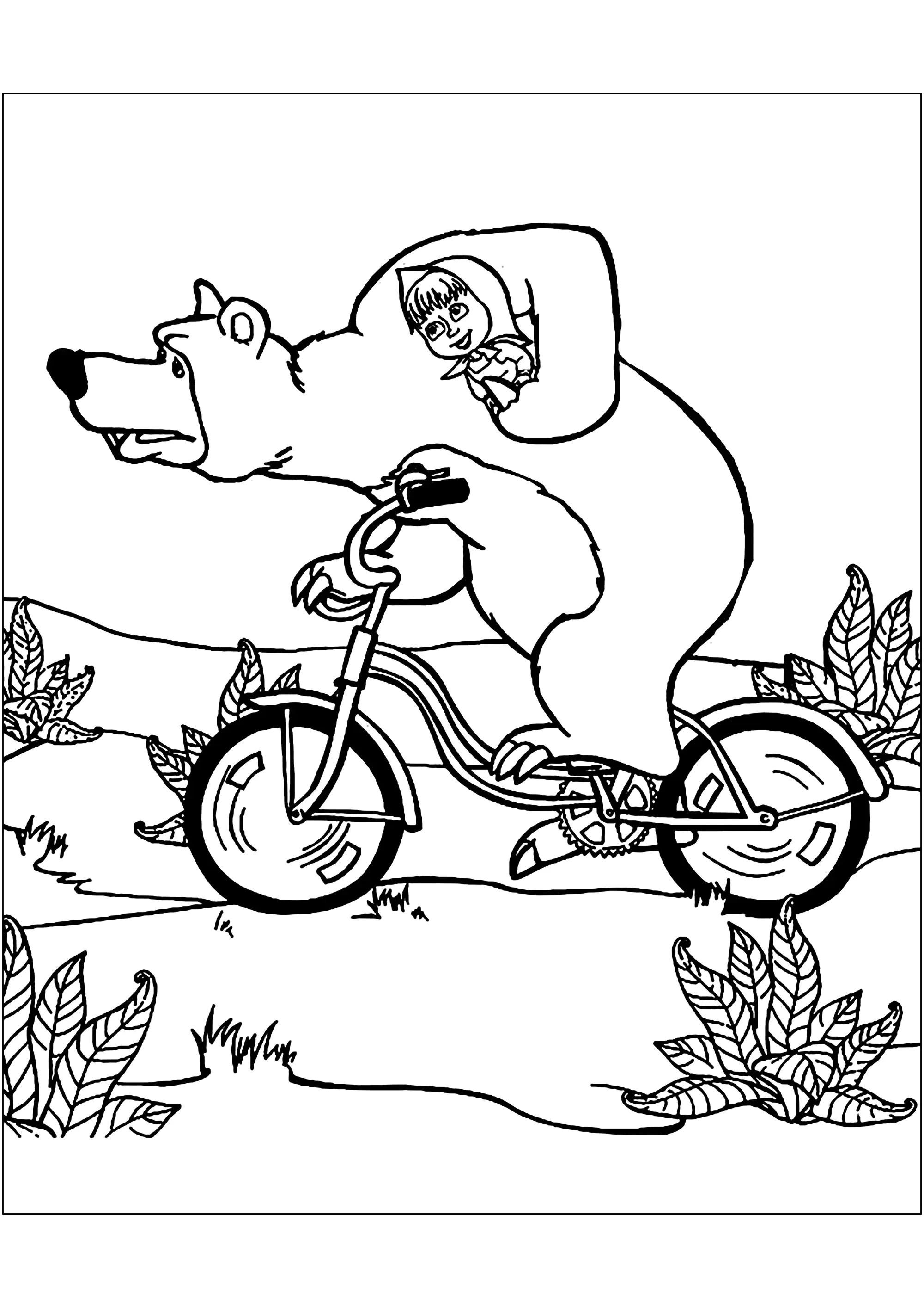En vélo (Página de Masha y el oso para imprimir para niños)