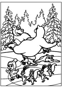 Patinaje sobre hielo (Página de Masha y el oso  para imprimir)