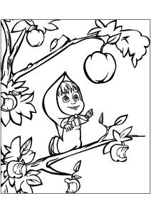 Masha intenta coger una manzana pero se arriesga (Página de Masha y el oso  para imprimir)