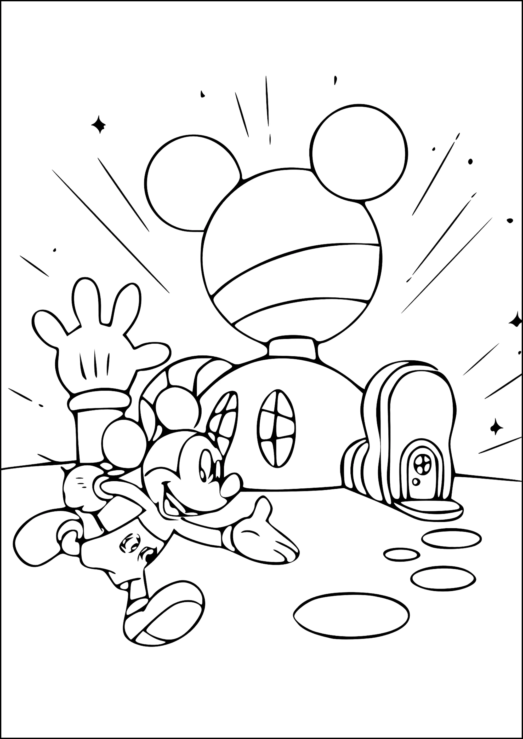 Mickey Mouse delante de la bonita casa donde vive con sus amigos (Página de Mickey Mouse Clubhouse para imprimir para niños)