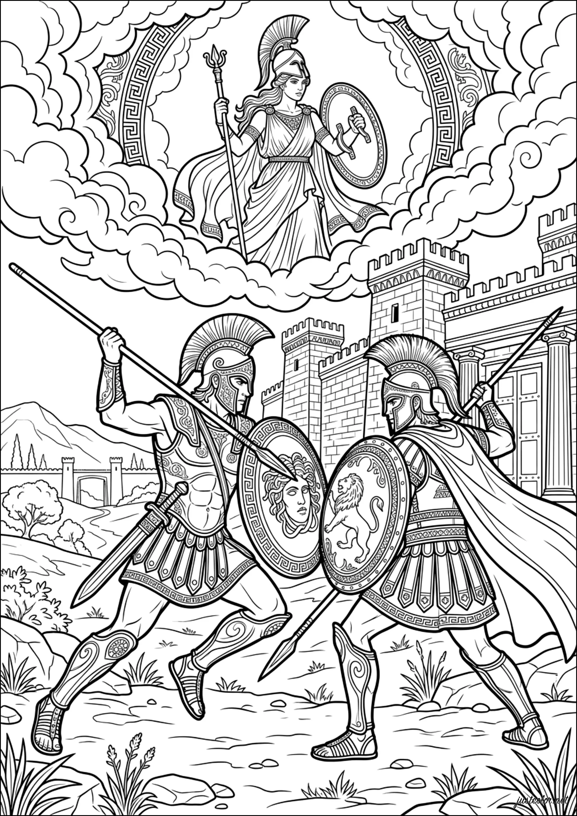 Duelo bajo la mirada de Atenea (Página de Mitologia Griega para imprimir para niños)