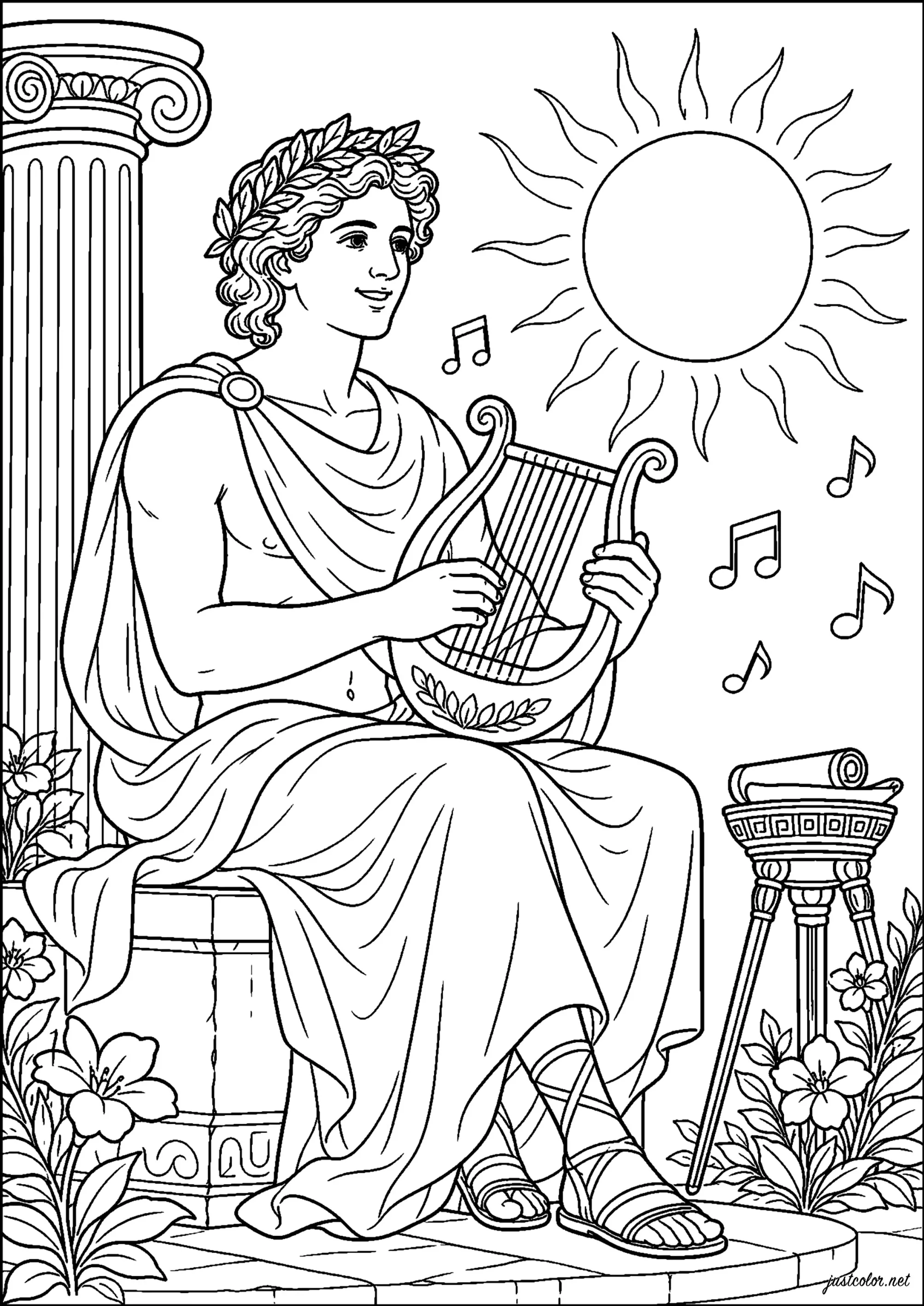Apolo tocando la lira (Página de Mitología griega para imprimir para niños)