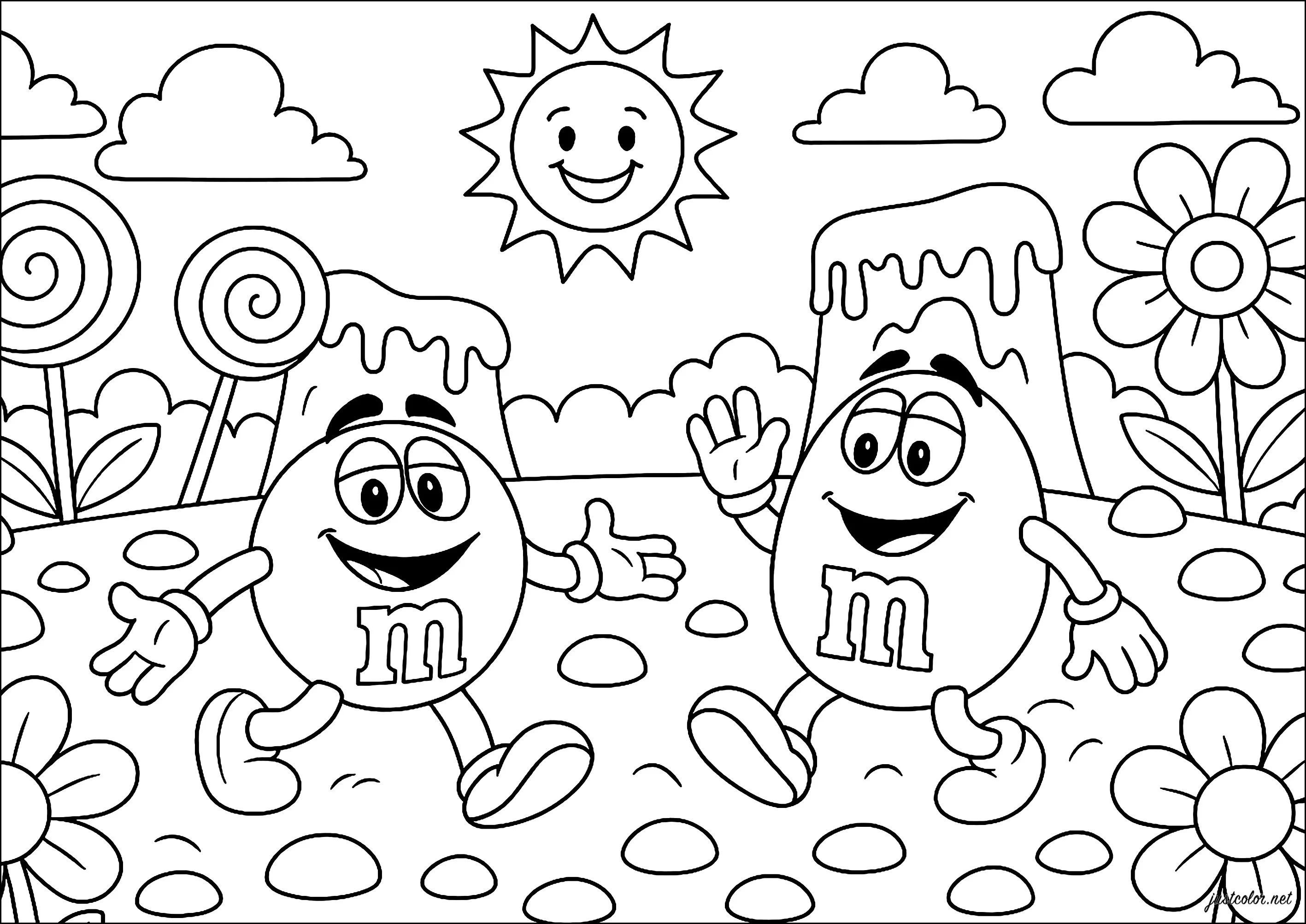 M&M's en el País de los Dulces (Página de M&MS para imprimir para niños)