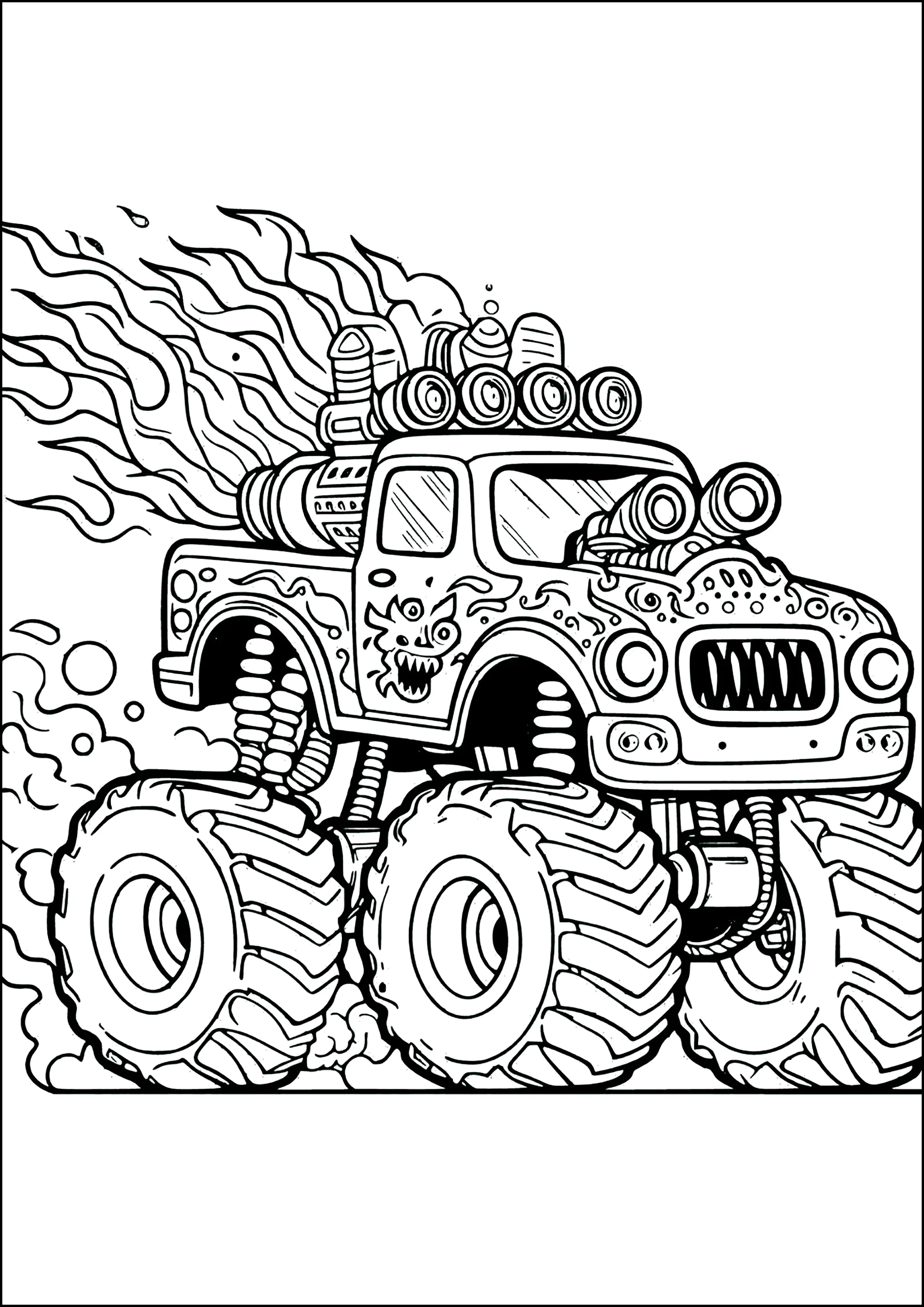 Monster Truck con llamas saliendo de sus enormes tubos de escape (Página para imprimir para niños)