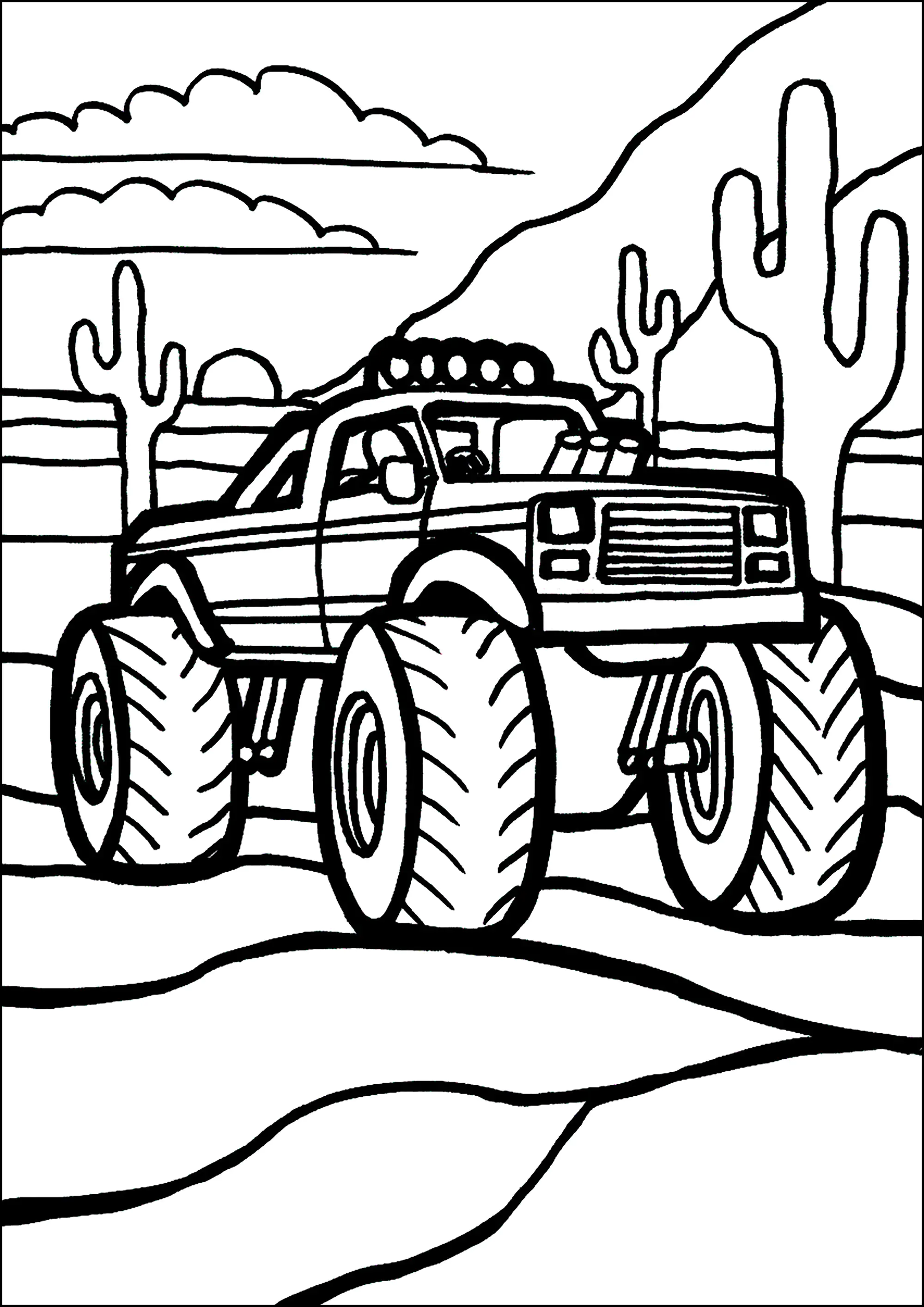 Monster Truck de líneas muy gruesas, en el desierto (Página para imprimir para niños)
