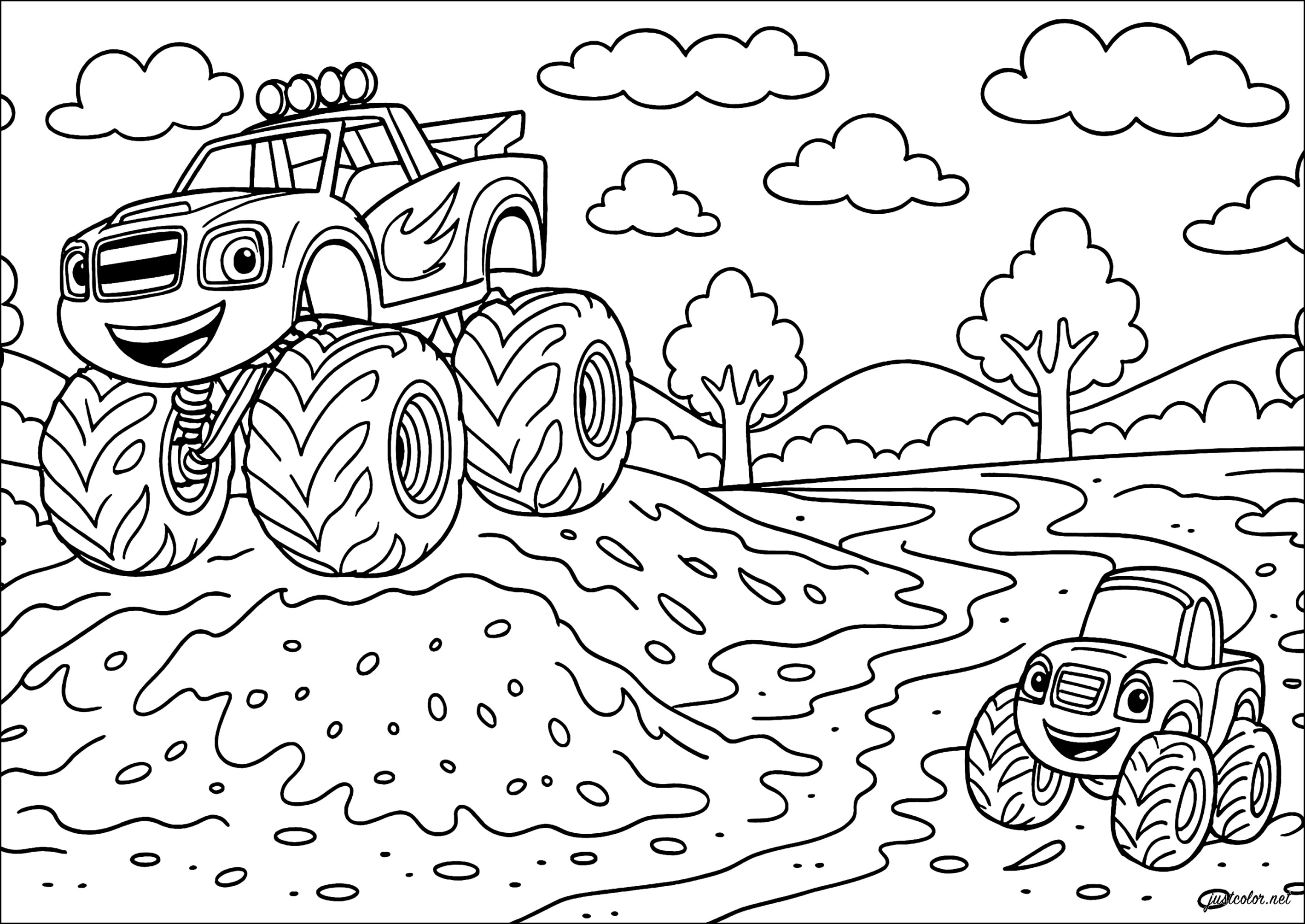 Carrera en el barro (Página de Monster Truck para imprimir para niños)