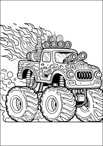 Monster Truck con llamas saliendo de sus enormes tubos de escape (Página para imprimir)