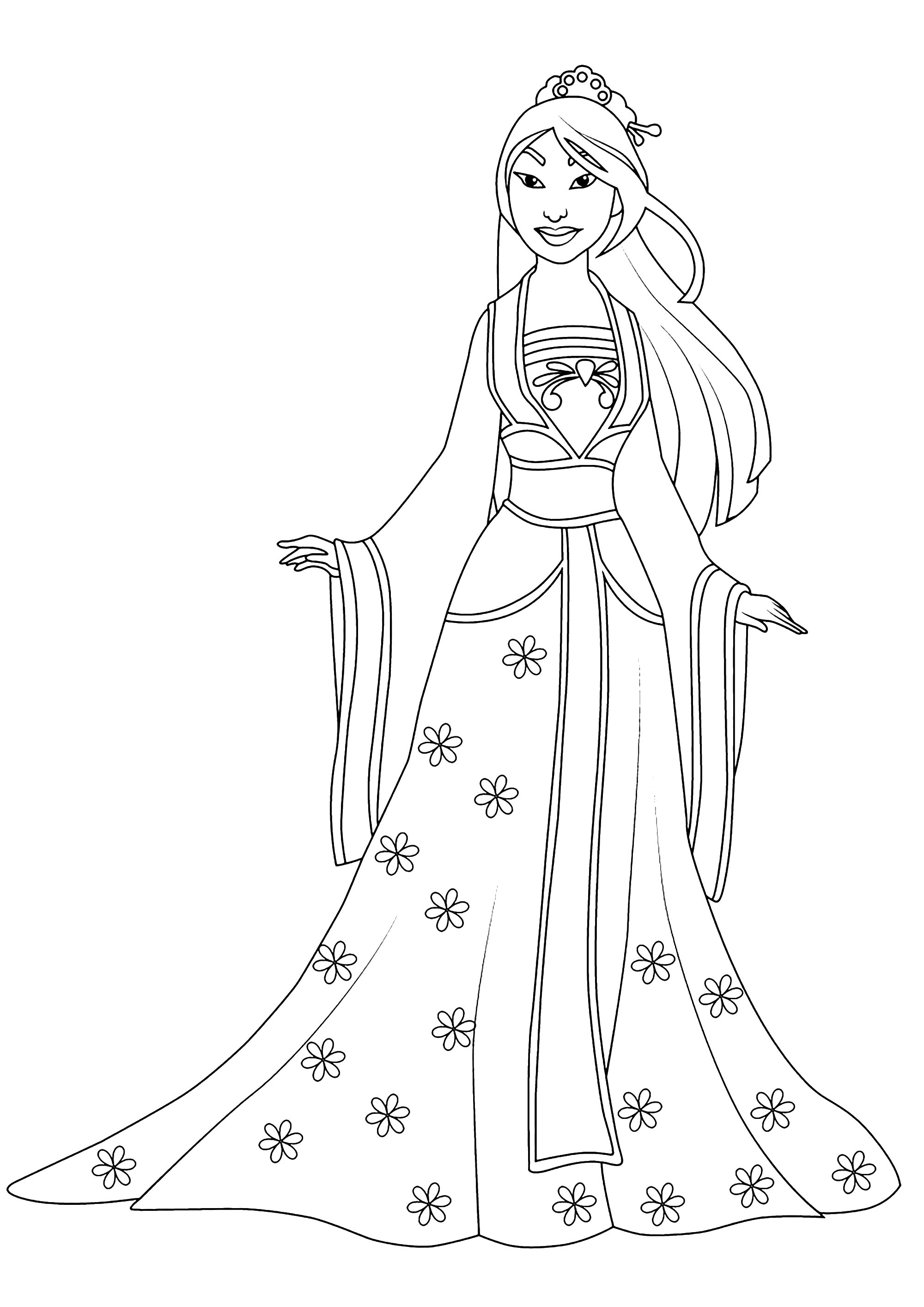 Mulán con un precioso vestido (Página para imprimir para niños)
