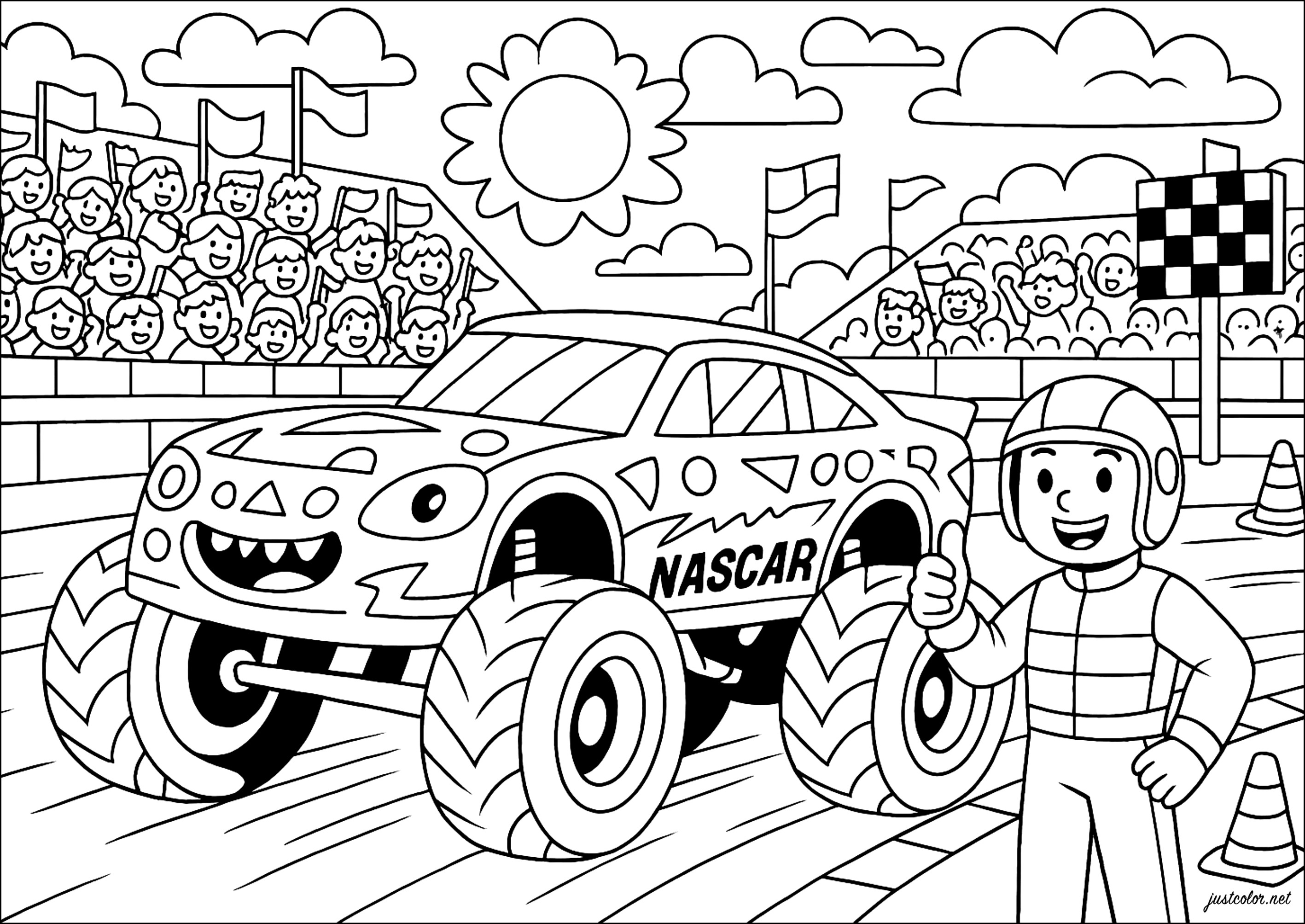 Carrera de coches (Página de Nascar para imprimir para niños)