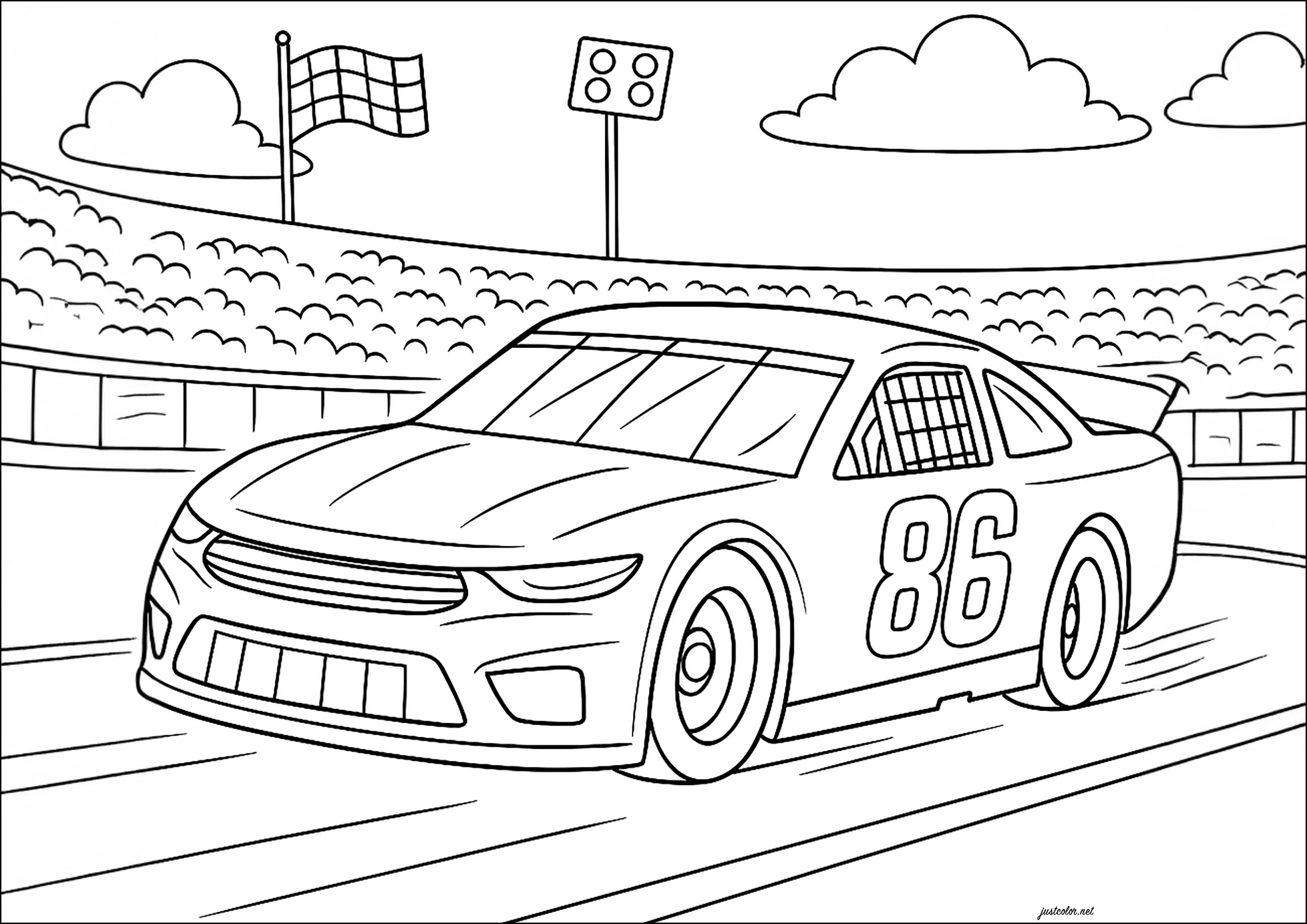 Coche Nascar con público al fondo (Página para imprimir para niños)