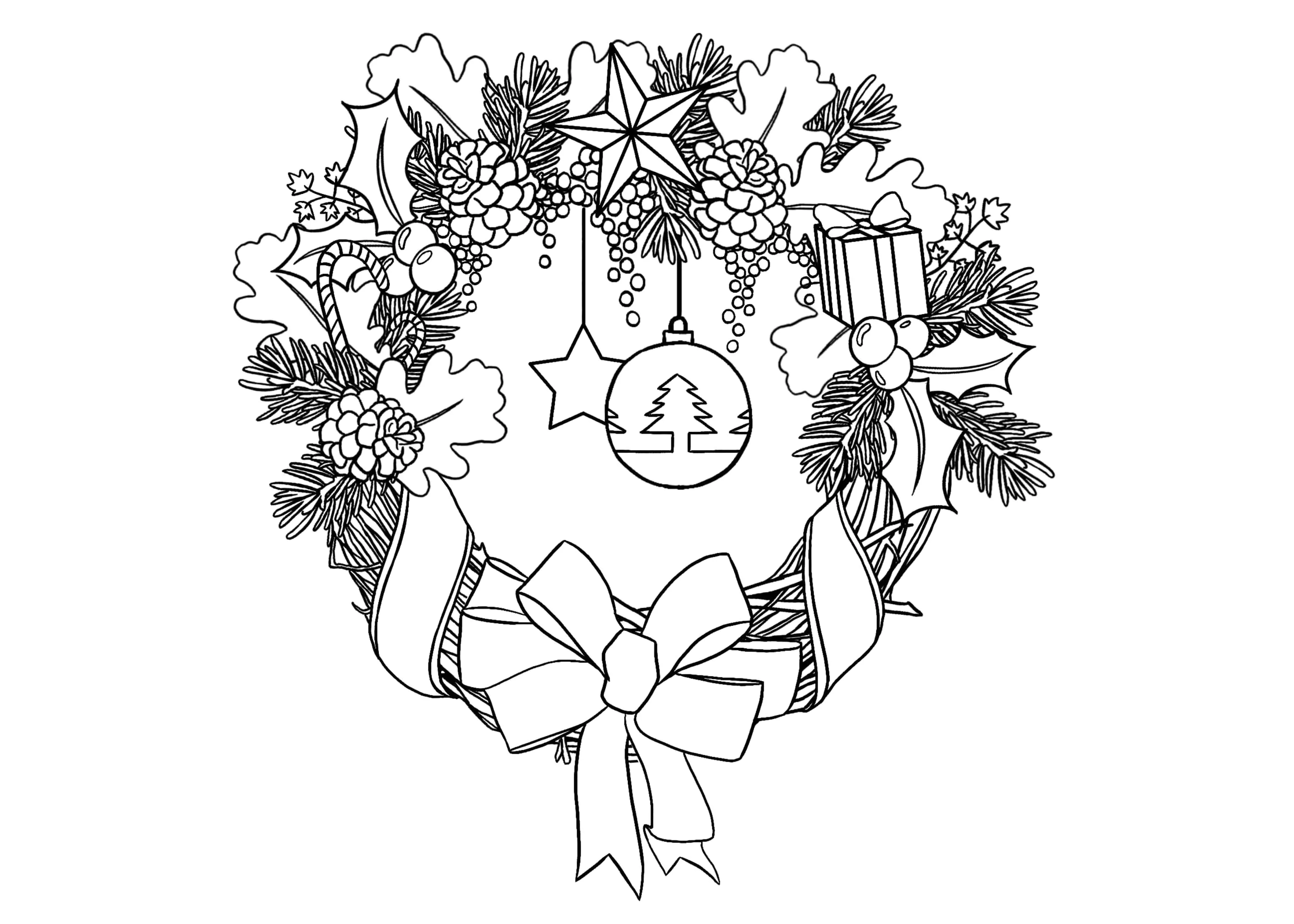 Una hermosa corona navideña (Página de Navidad para imprimir para niños)