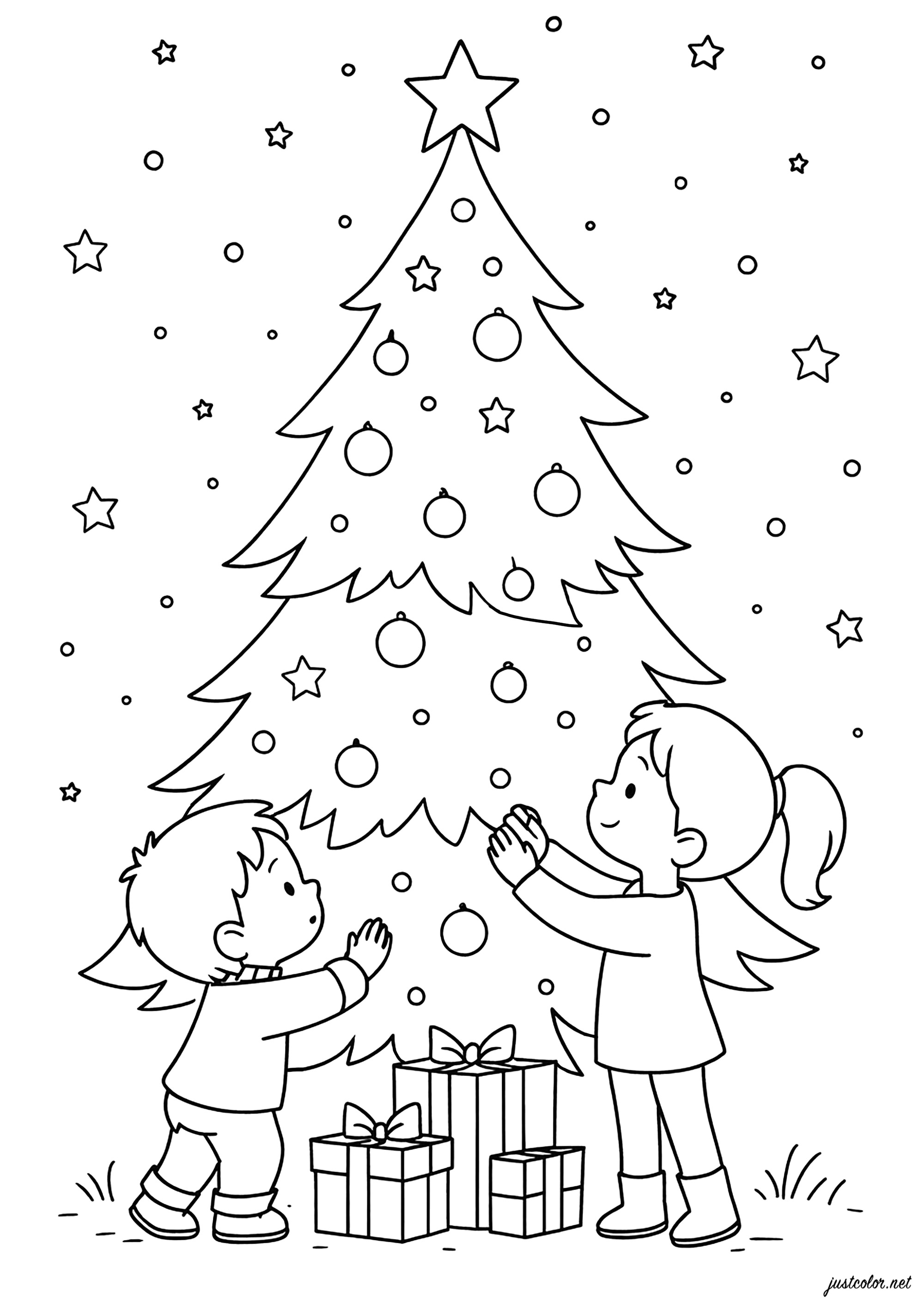 Niños alegres alrededor del árbol de Navidad (Página para imprimir para niños)