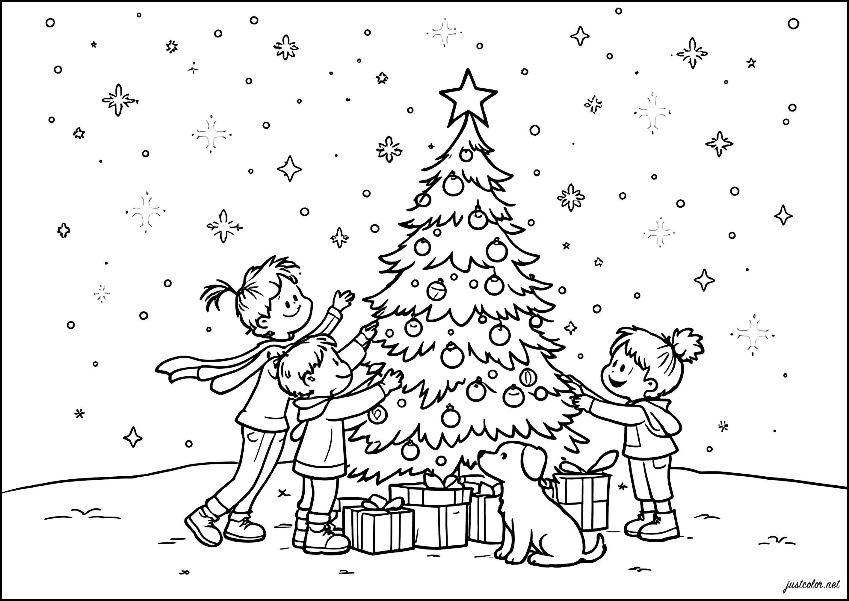 Niños juguetones alrededor del árbol de Navidad (Página para imprimir para niños)