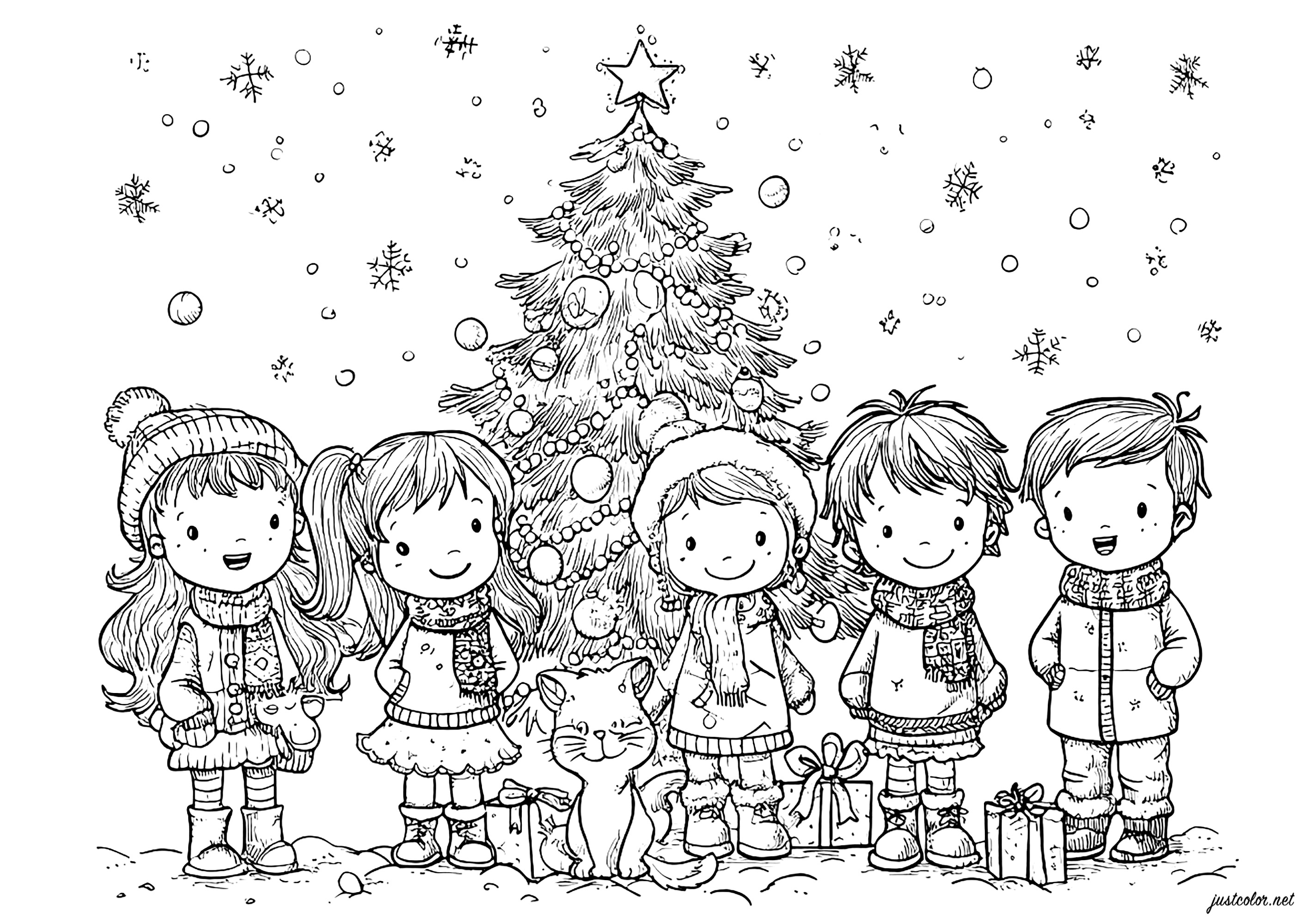 Feliz celebración al pie del árbol de Navidad (Página para imprimir para niños)