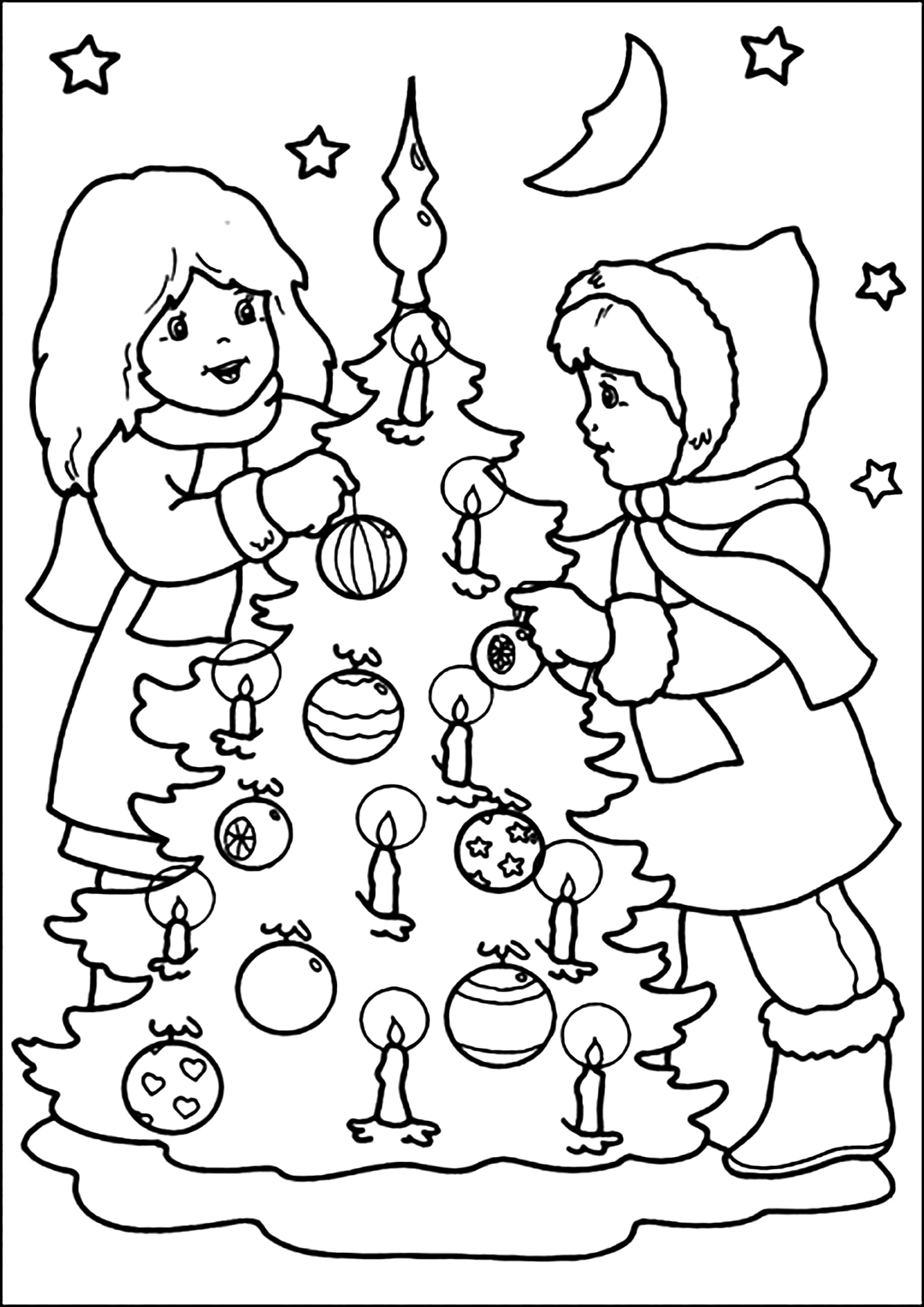 Página para colorear de Navidad vintage. Niños decorando un árbol de Navidad. ¡Muy retro para colorear!