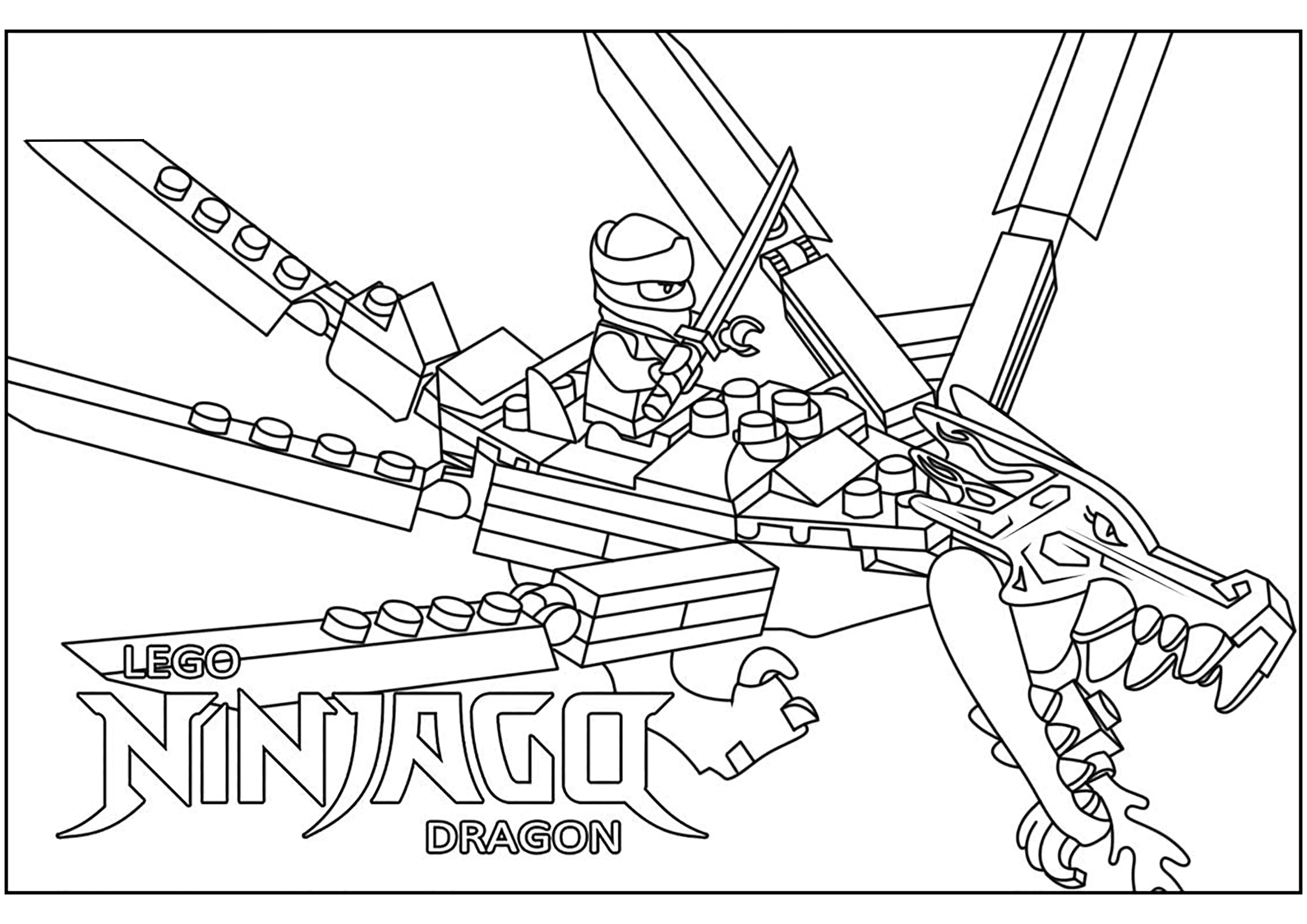 Lego Ninjago sur un dragon en Legos (Página para imprimir para niños)