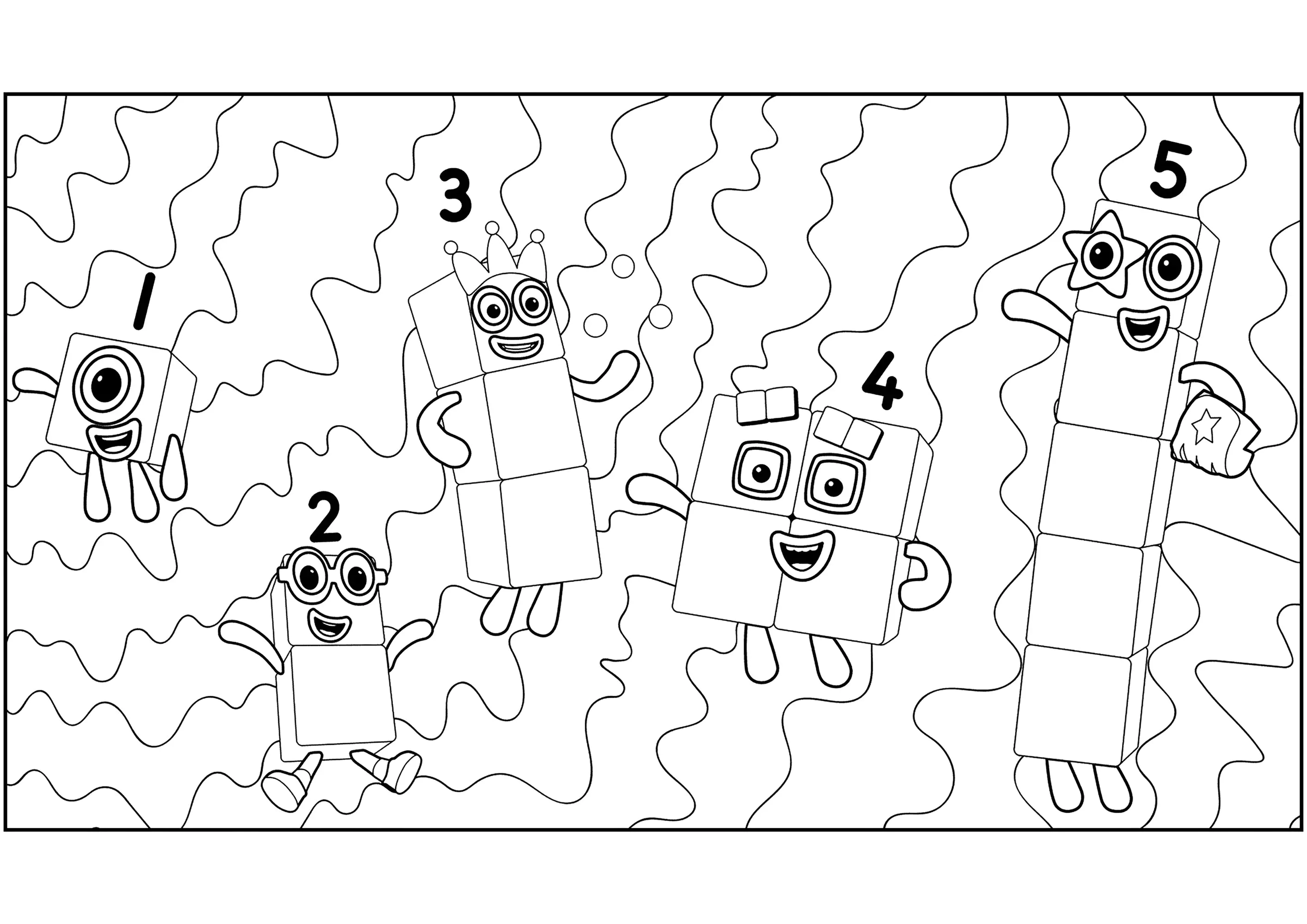 De uno a cinco con fondo para colorear (Numberblocks)