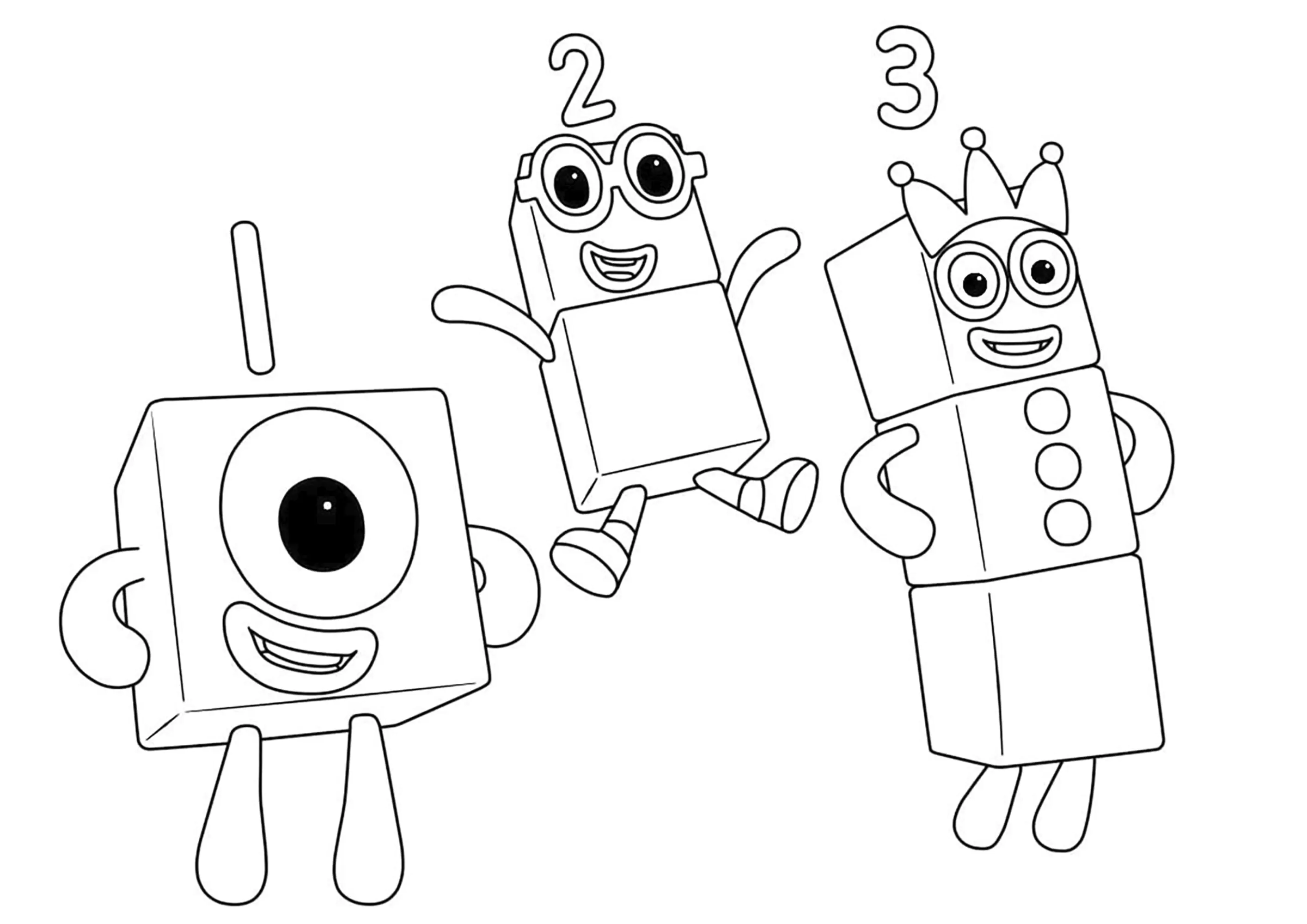 De uno a tres (Página de Numberblocks para imprimir para niños)