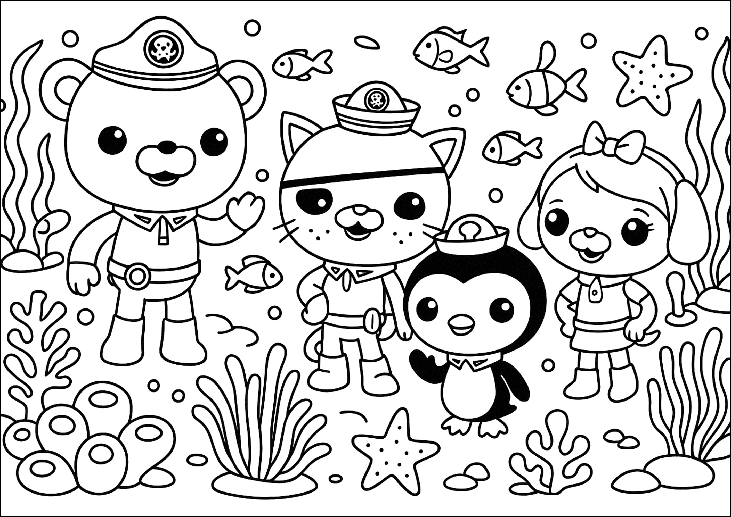 Aventura submarina con la tripulación (Página de Octonautes para imprimir para niños)