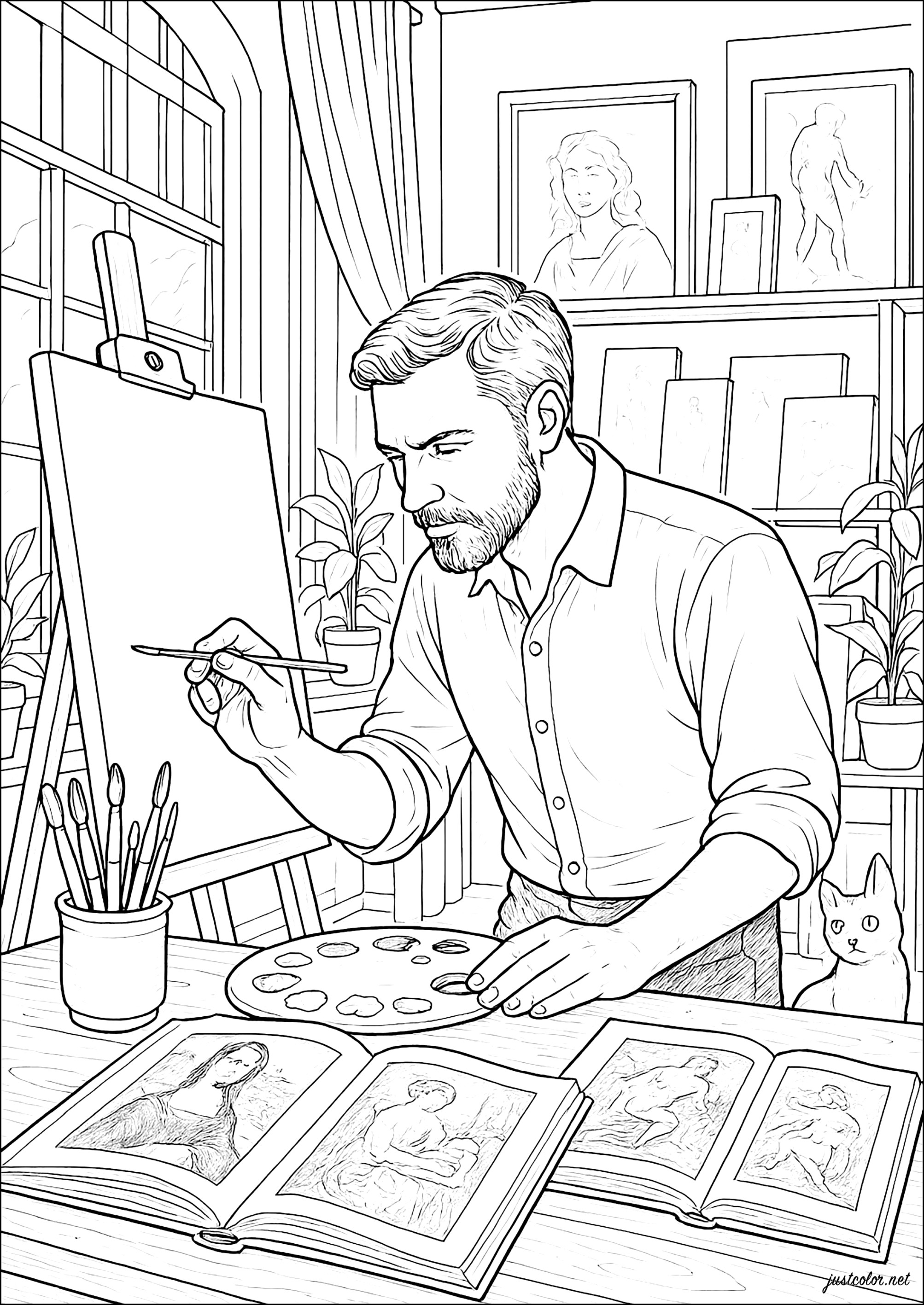 Artista pintor en su taller (Página de Oficios para imprimir para niños)