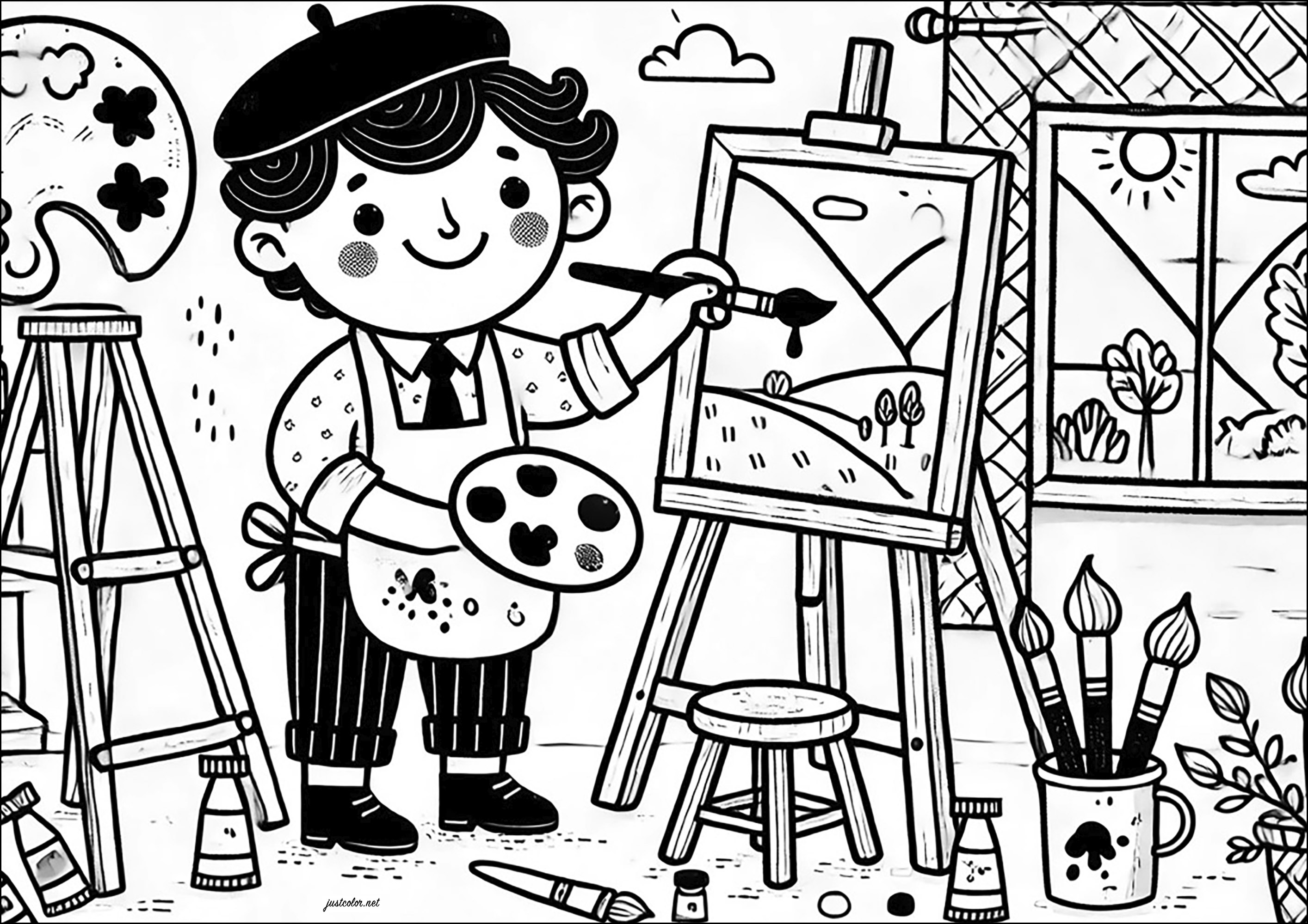 Joven pintor pintando sobre un lienzo (Página de Oficios para imprimir para niños)
