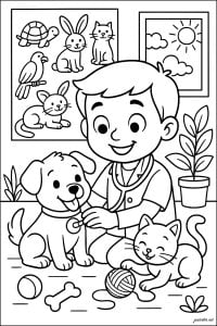 Un veterinario cuida de un perro y un gato (Página de Oficios  para imprimir)