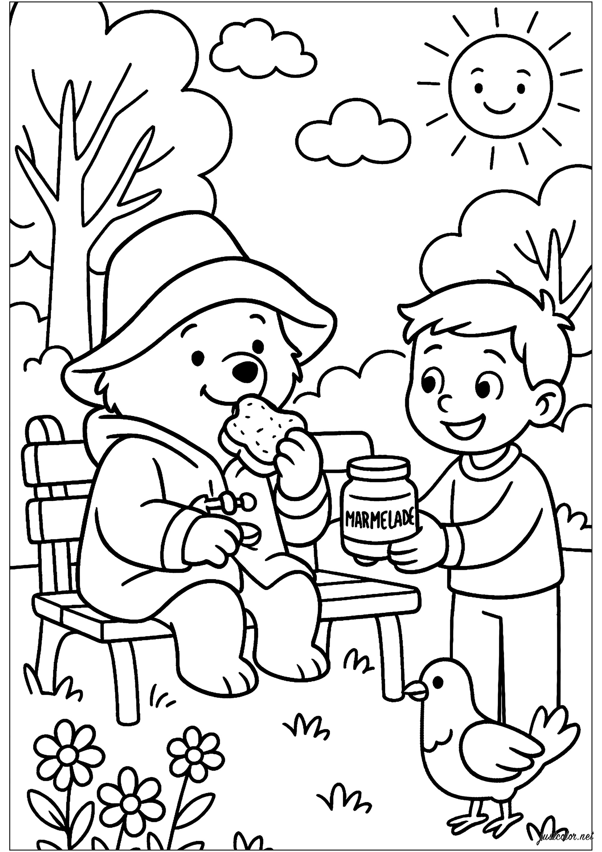 Picnic alegre en el parque soleado (Página de Oso Paddington para imprimir para niños)