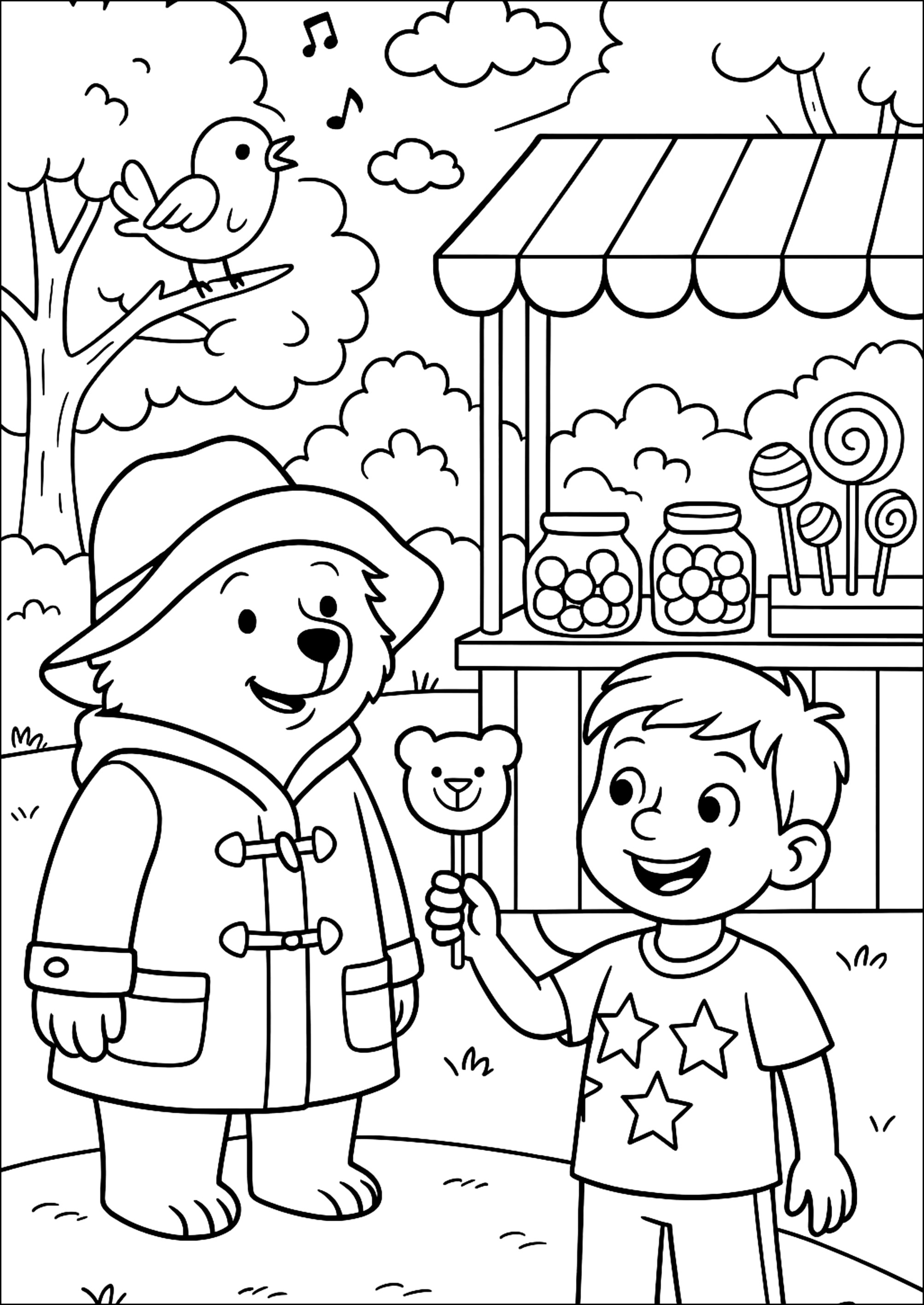 Encuentro alegre en el puesto de dulces (Página de Oso Paddington para imprimir para niños)