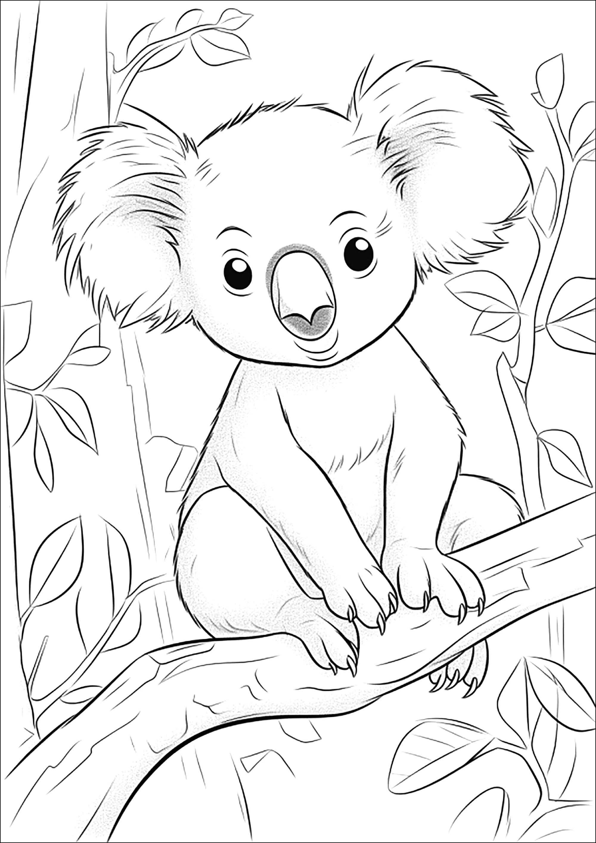 Bonito koala en la rama de un árbol (Página de Osos Koala para imprimir para niños)
