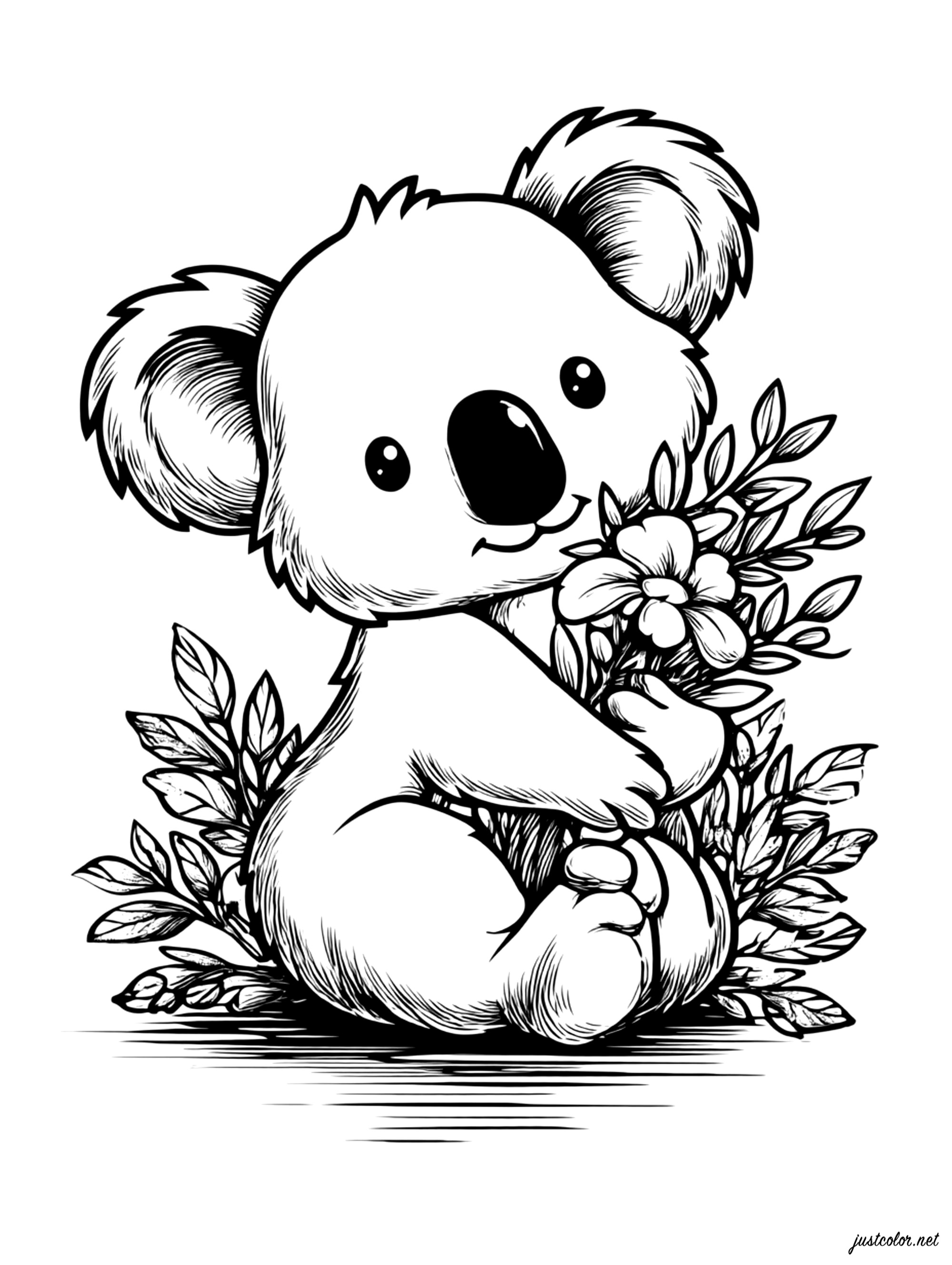 Bonito koala y sus flores (Página de Osos Koala para imprimir para niños)