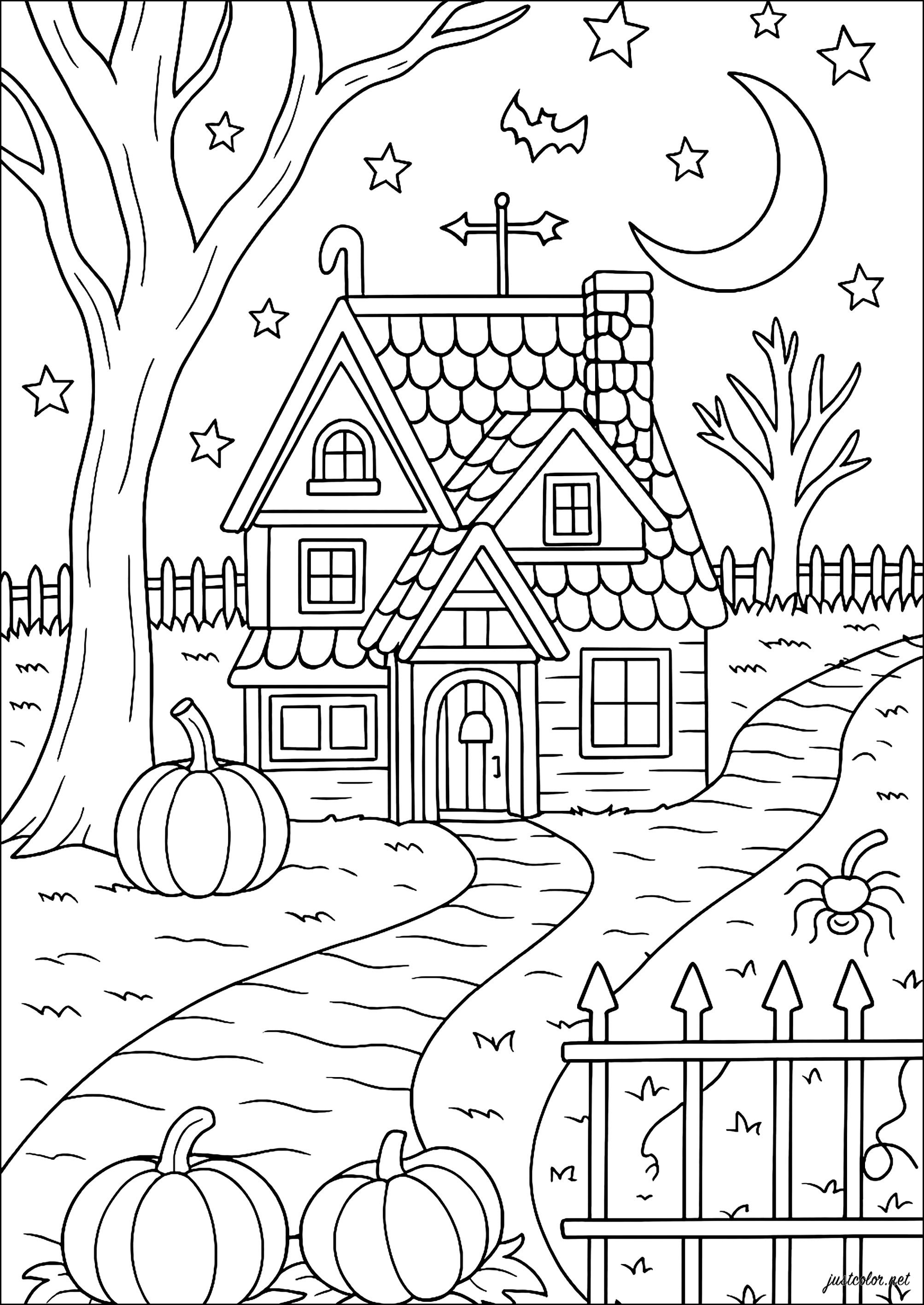 Encantadora casa con decoraciones otoñales (Página de Otoño para imprimir para niños)