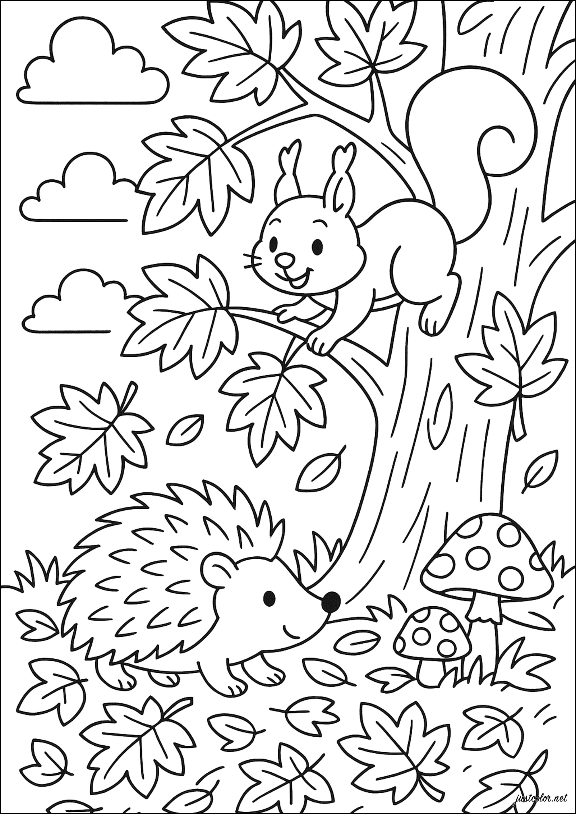Aventura otoñal en el bosque (Página de Otoño para imprimir para niños)