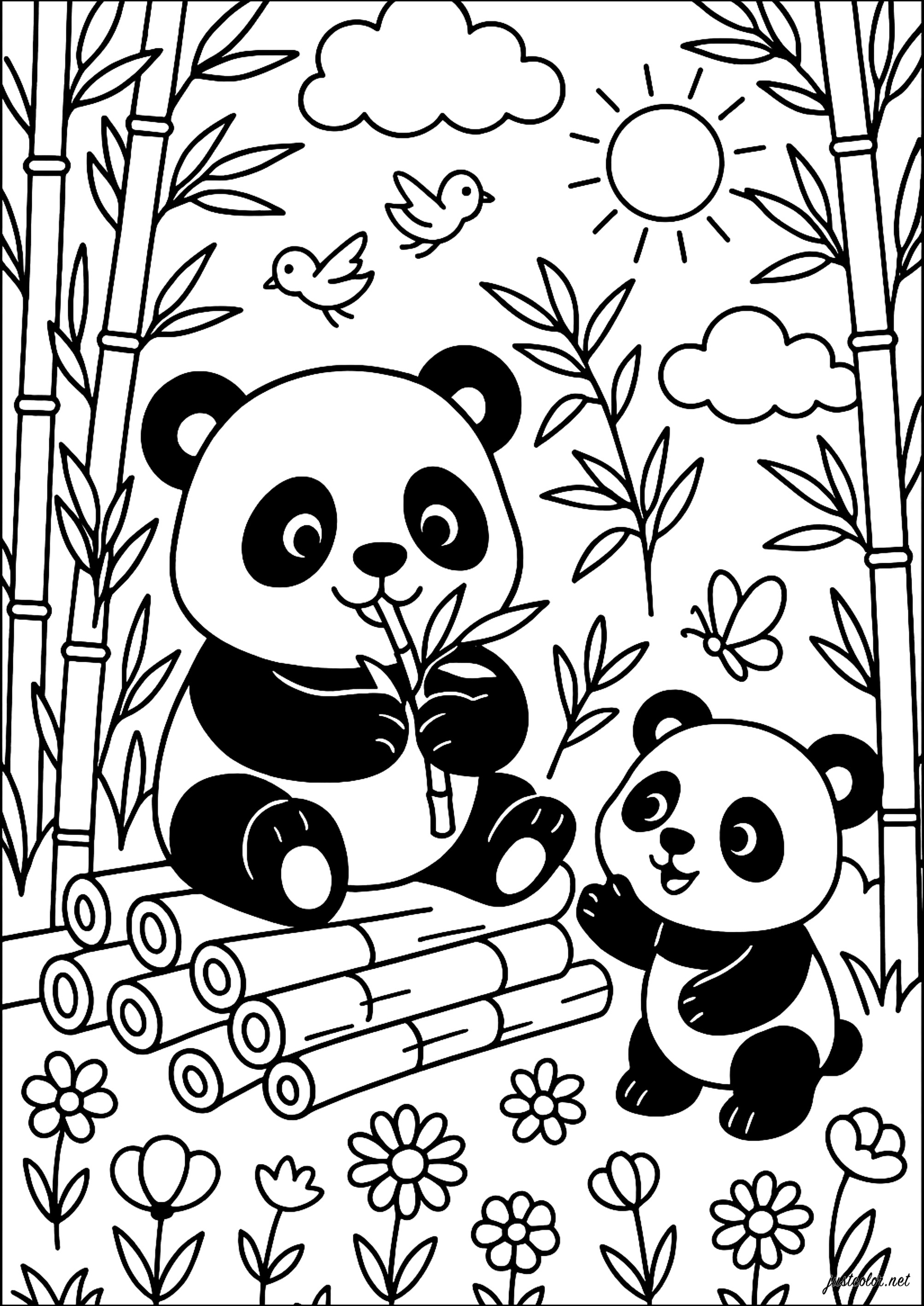 Pandas felices en la naturaleza (Página para imprimir para niños)